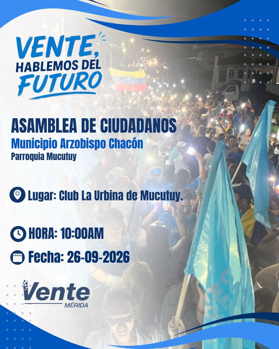 VenteMerida's tweet photo. ¡Es Hoy!

¡Mucutuy y Mucuchachí, nos vemos hoy! 

Asambleas de Ciudadanos en el municipio Arzobispo Chacón junto a @VenteMerida:

📍 Mucutuy | 10:00 AM
Club La Urbina de Mucutuy.

📍 Mucuchachí | 2:00 PM
La Corraleja.

¡Te esperamos! https://t.co/444bKXMEC9