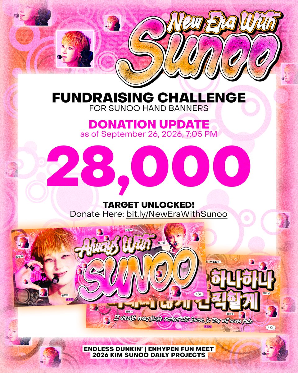 kimsunoodaily's tweet photo. [NEW ERA HAND BANNER UPDATE | 260926]

Congratulations and thank you, BARAGI and ENGENE! We have successfully reached the target amount for SUNOO’s ENDLESS FUNMEET Hand Banner! 🥹👏🏼

Every amount has helped us bring this fundraising project to completion, and we couldn’t have done it without you!

Excess funds from the Hand Banner project will be allocated to SUNOO’s LED TRUCK AD. We are STILL OPEN FOR DONATIONS, and we welcome any amount that you can give. 🙏🏼

🔗: https://t.co/KVXsIfyfy5

Thank you, BARAGI and ENGENE! Let’s raise these banners for Sunoo! 🩷

#NewEraWithSunoo #DunkinPH_ENDLESS #ENDLESSFunMeet @ENHYPEN_members @ENHYPEN #ENHYPEN #엔하이픈 #ENHYPEN_SUNOO #엔하이픈_선우 #SUNOO #선우 #ソヌ