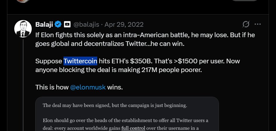 ZCATDev's tweet photo. Hear me out, because I think I just found something insane.

Balajis was trying to make his own "x paid" years ago.

He made his own full website and even suggested the name "twittercoin".

Lets give him fees for proposing the first X paid. 

https://t.co/8txue7K6bz https://t.co/2y8jRNnbFh