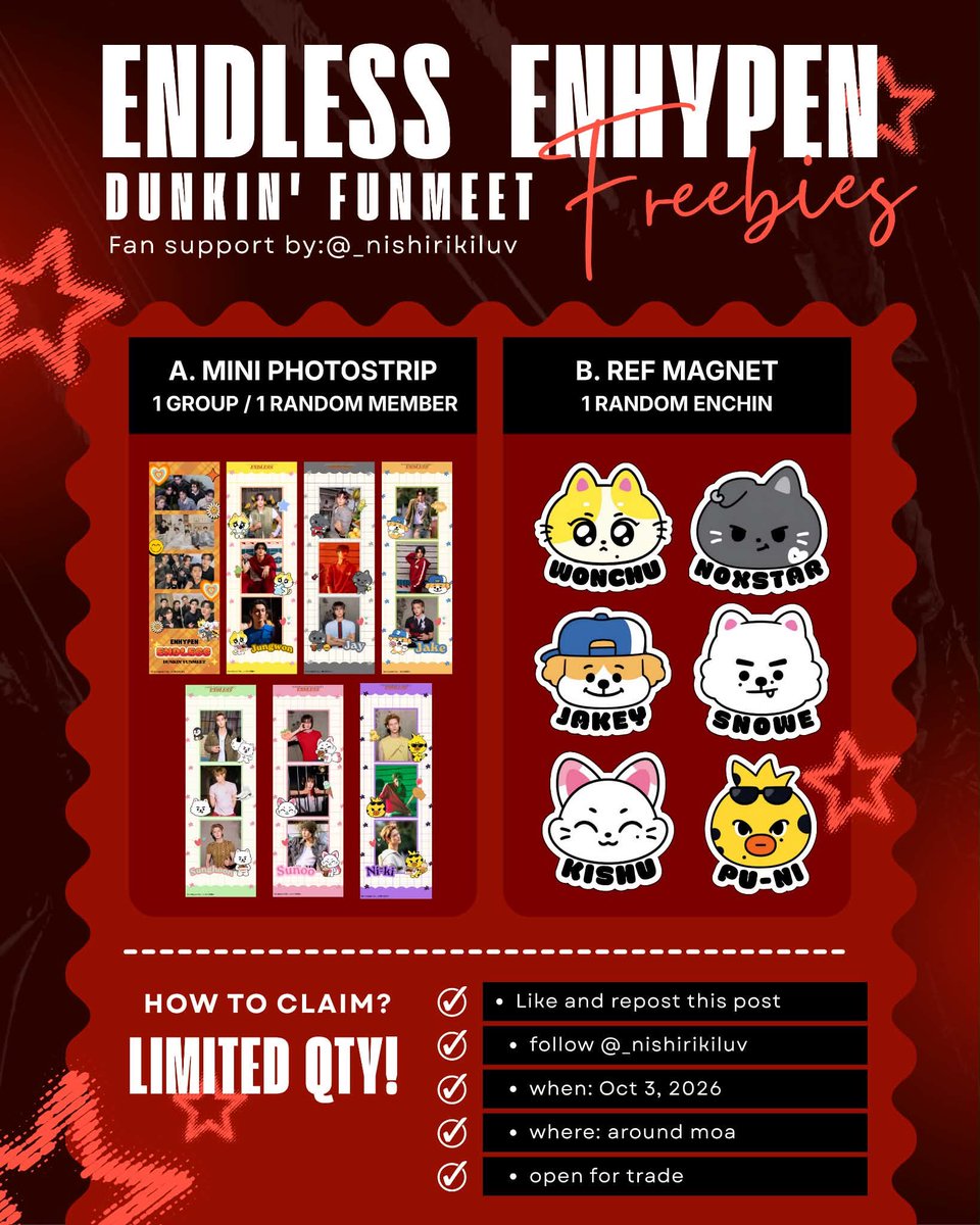 _nishirikiluv's tweet photo. ✧⁠*⁠ We're not going MIA on oct 3 ♡

Endless ENHYPEN dunkin' funmeet friebies! 

✿ 1:1 ratio 
✿ giving this randomly 
✿⁠ trade on d-day only
✿⁠ much appreciated if you like, rt &amp; follow^^

see you all engenes ♡
#DunkinPH_ENDLESS #ENHYPEN #ENDLESSfunmeet https://t.co/9wWmyUfw1e
