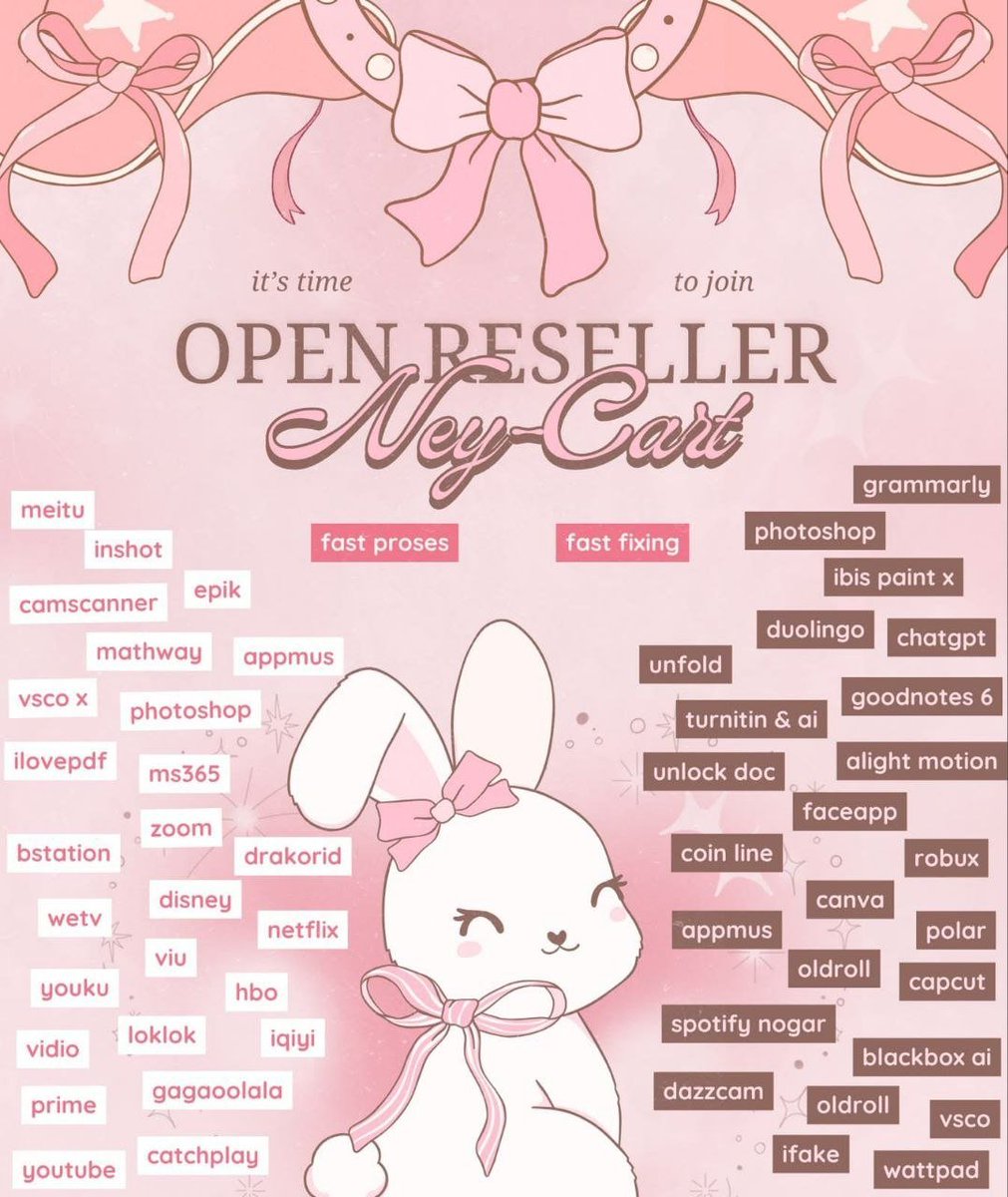 flareyss's tweet photo. 𓏲 ˖. ♡‌‌ Fh opress / op3n resêller " 𓂃 !

@daientys opress nih ka!🐇 ada āpp prēmium, spōtify, chātgpť, zōōm, tūrnitin, gāme nēeds &amp; unlock dōcs. 💗🌷 #zonauang https://t.co/Gf5HTiullW