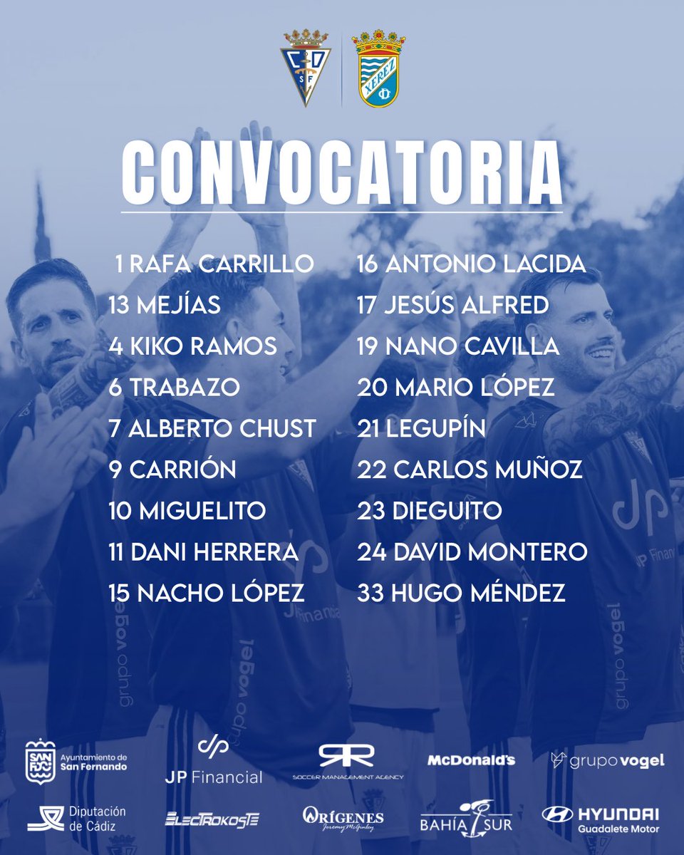 _CDSanFernando's tweet photo. 📋 ¡Nuestros 1️⃣8️⃣ convocados para buscar la tercera victoria consecutiva! 

🆚 @XerezCantera 

🏟️ ¡Nos vemos este domingo en casa, cañaíllas! 

#LaIslaPorBandera https://t.co/gEXnZyh8Ie