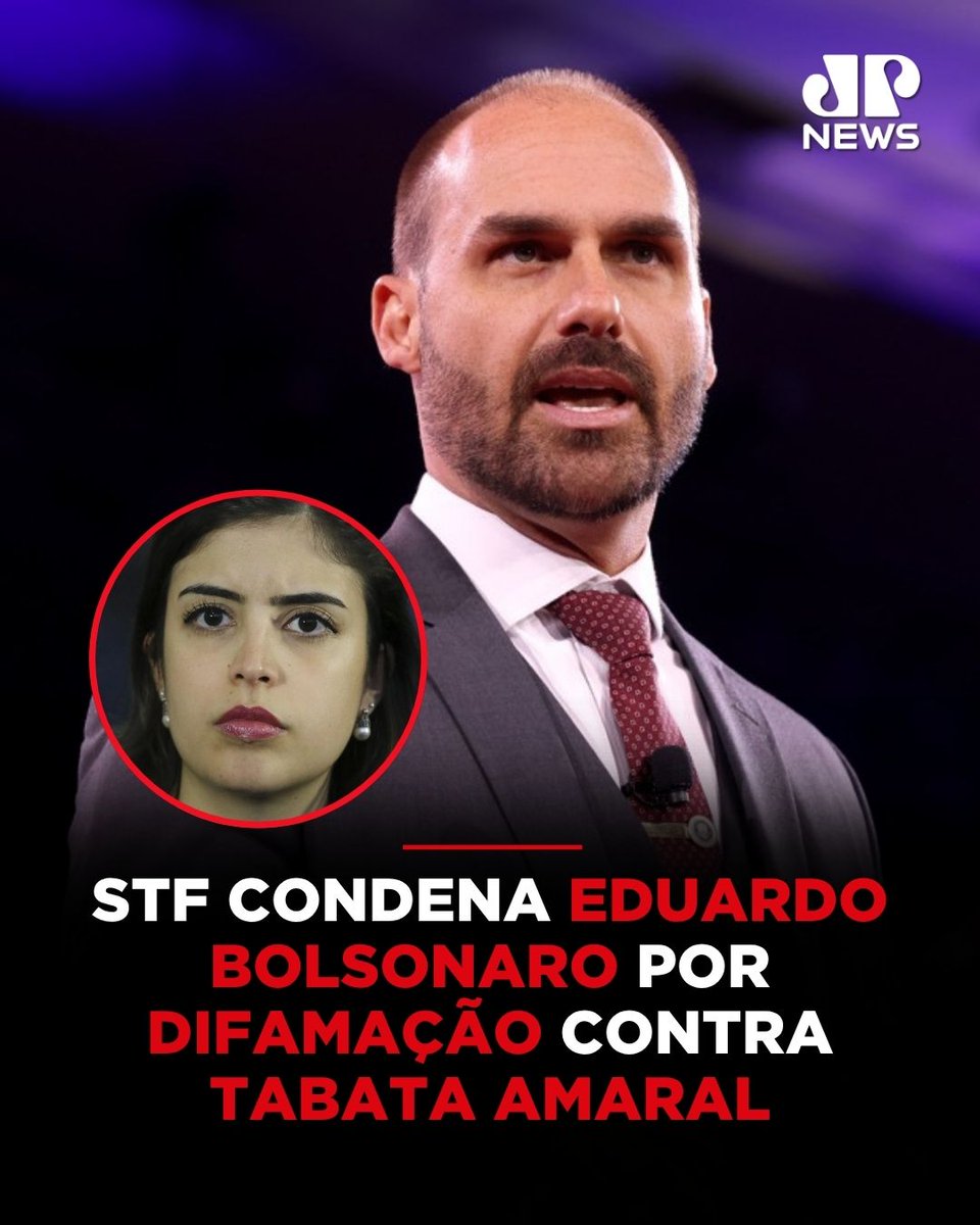 JovemPanNews's tweet photo. O Supremo Tribunal Federal (STF) condenou, por 7 votos a 3, o ex-deputado federal Eduardo Bolsonaro pelo crime de difamação contra a deputada Tabata Amaral. A pena foi fixada em um ano de detenção, substituída por prestação de serviços, além de 39 dias-multa no valor total superior a R$ 80 mil. A ação penal teve origem em publicações feitas em 2021, nas quais o réu insinuou que o projeto de lei sobre distribuição de absorventes elaborado pela parlamentar atendia a interesses privados de terceiros. A maioria dos ministros acompanhou a tese de que as acusações extrapolaram a imunidade parlamentar.

🔗 Leia a matéria completa em: https://t.co/5eLOkw2cls
📺 Confira na JP News 

#JovemPanNews #STF #EduardoBolsonaro #TabataAmaral #Política