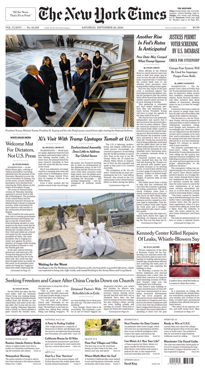 Intellicurious's tweet photo. THE NEW YORK TIMES - SATURDAY, SEPTEMBER 26, 2026 - FRONT PAGE
@nytimes At Summit, Xi Sought to Tilt Trump’s Stance on America’s Place in Asia; Xi Jinping Snubs a Troubled U.N. for Trump; Heroine or Public Enemy? The Israeli Blocking Netanyahu’s Agenda
https://t.co/xCvC5Ksmbo https://t.co/wkPaSR8Nrg