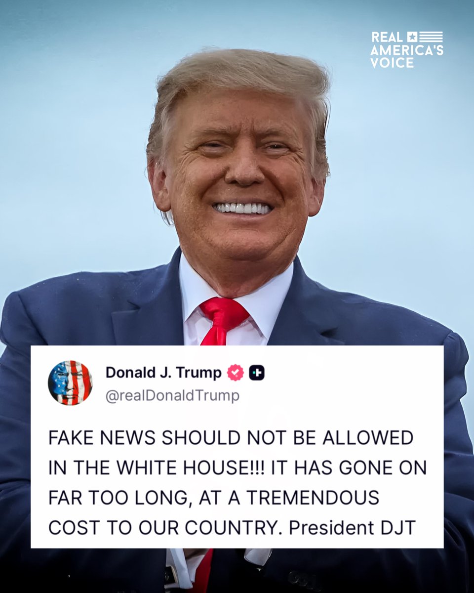 RealAmVoice's tweet photo. .@POTUS: FAKE NEWS SHOULD NOT BE ALLOWED IN THE WHITE HOUSE!!! IT HAS GONE ON FAR TOO LONG, AT A TREMENDOUS COST TO OUR COUNTRY. https://t.co/qSDI5vie6o