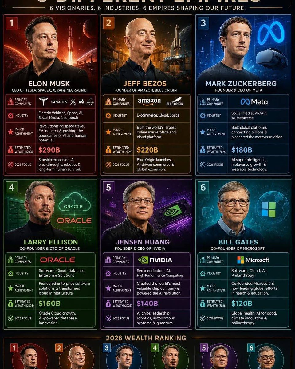 RodWaldrip's tweet photo. 6 مليارديرات، 6 إمبراطوريات، 6 مسارات مختلفة تشكل المستقبل. من السيارات الكهربائية والفضاء إلى التجارة الإلكترونية والرقائق والبرمجيات، أعاد ماسك وبيزوس وزوكربيرغ وإليسون وهوانغ وغيتس تشكيل صناعات كبرى. https://t.co/YgkrEMcqWV