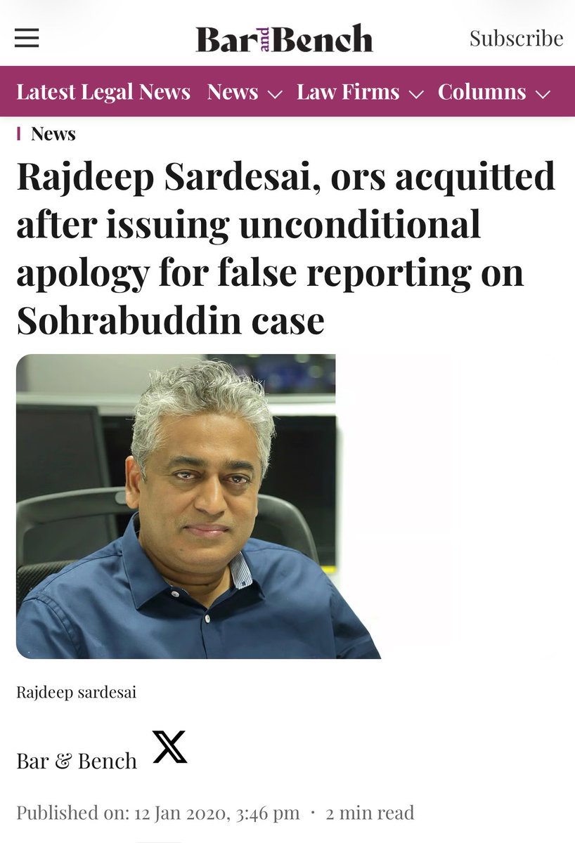 shantanug_'s tweet photo. Let’s NOT forget.

2007 : Rajdeep Sardesai airs a program on IBN7 claiming Sohrabuddin encounter was fake

2008 : Rajdeep is awarded Padmashree by Sonia Gandhi’s govt 

2010 : Amit Shah arrested in Sohrabuddin case and spends 3 months in jail. He is acquitted in 2014 as it's a fake case.

2018 : Courts declare Sohrabuddin case false. Everyone is acquitted. Many had careers ruined and spent years in jail.

2020 : Rajdeep and 10 other "journalists" apologise in court for fake reporting in 2007.

2025-26 : Rajdeep is tweeting about misuse of agencies. Calls others Godi media. His wife has joined an opposition political party. His cabal says election commissioner to ICC everyone works for Modi.

Our short memory is the only reason they all exist and thrive.