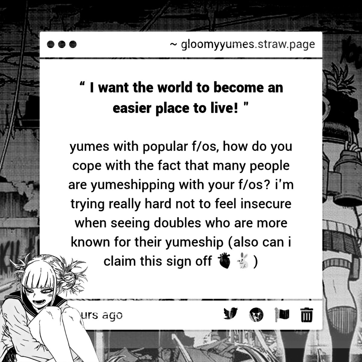 gloomyyumes's tweet photo. ⸺       𝜗💬            anon  asks           𖹭

yumes  with  popular  f/os  (probably  nonsharers),  how  you  cope  with  the  fact  many  people  yumeship  with  your  f/os? https://t.co/mnRItCZIr2