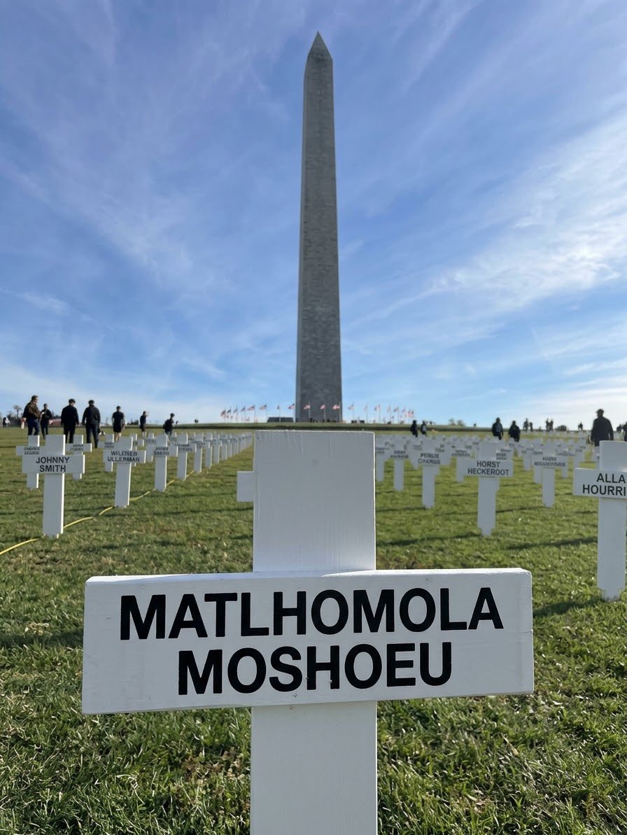 AfricaisBlack's tweet photo. Matlhomola Moshoeu was a 16 year old black boy killed after being accused of stealing sunflowers worth R80, about five U.S. dollars.

Two white farmers, Pieter Doorewaard and Phillip Schutte, pushed him from a moving van, causing fatal neck injuries. He died on 20 April 2017. They claimed he jumped. The court rejected that. Both were convicted of murder, kidnapping, intimidation, theft and pointing a firearm.

The judge called their actions towards Moshoeu DISGRACEFUL and said his death had a DEVASTATING EFFECT on his family and polarised the Coligny community.

That is the story being erased when crosses representing fake "White Genocide" are planted in Washington.