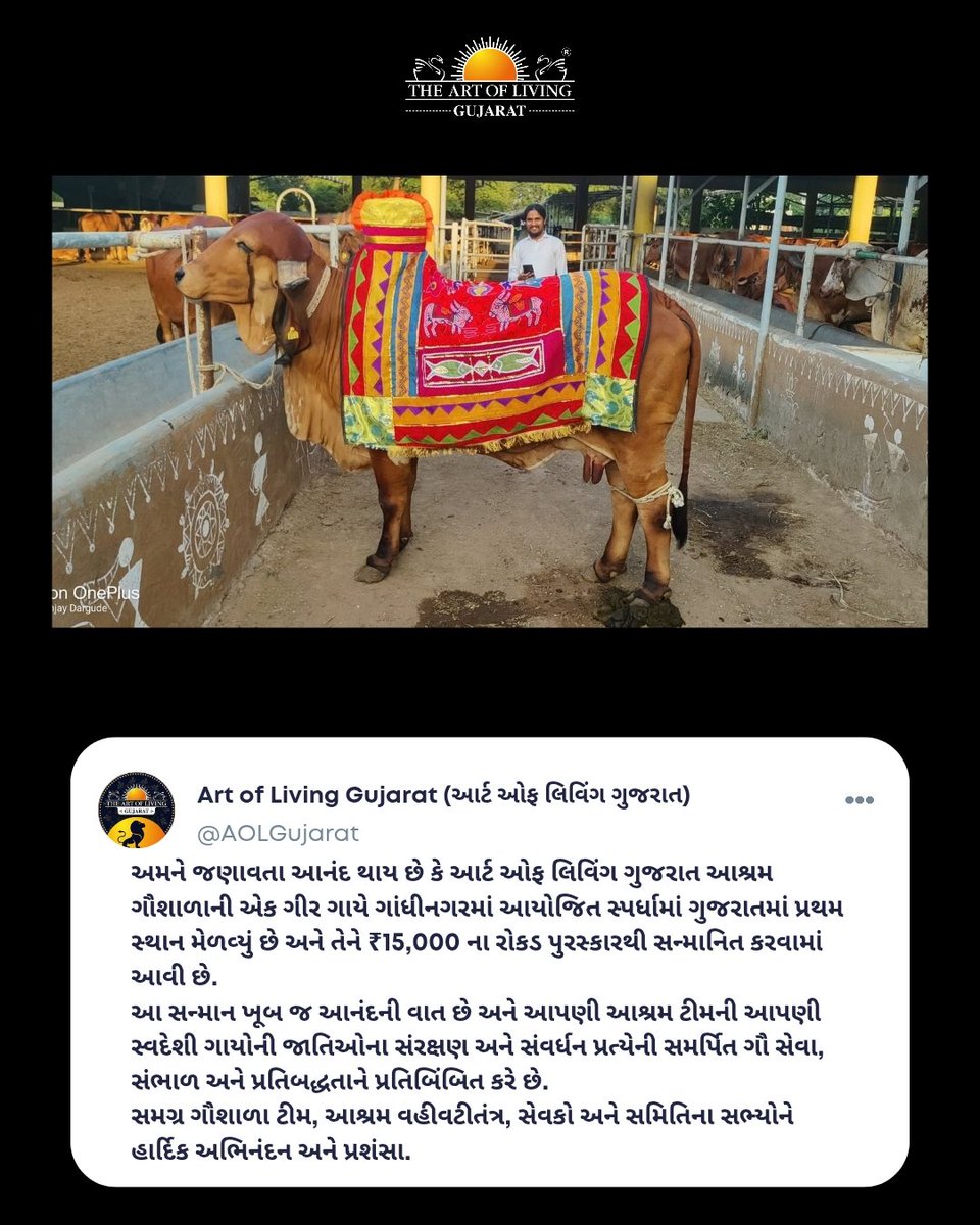 AOLGujarat's tweet photo. અમને જણાવતા આનંદ થાય છે કે આર્ટ ઑફ લિવિંગ ગુજરાત આશ્રમ ગૌશાળાની એક ગીર ગાયે ગાંધીનગરમાં આયોજિત સ્પર્ધામાં ગુજરાતમાં પ્રથમ સ્થાન મેળવ્યું છે અને તેને ₹15,000 ના રોકડ પુરસ્કારથી સન્માનિત કરવામાં આવી છે. https://t.co/EVX4fp8G8V