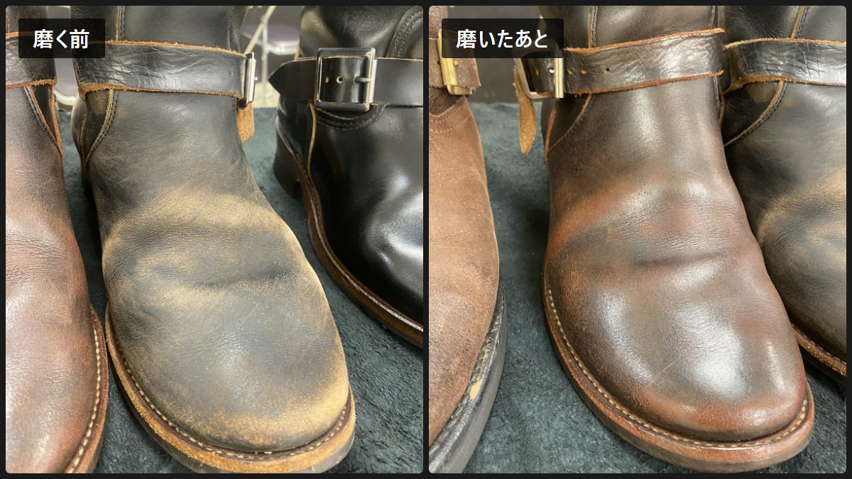 Leathernot64113's tweet photo. 同じブーツです。左が磨く前、右が磨いたあと。

今日行ったレザーズデイで、靴磨き職人がエンジニアブーツを仕上げていました。傷を消すのではなく、傷ごと艶にする。「味増し」と呼ぶそうです。

https://t.co/gaXEqmDFwQ

#レザーズデイ #靴磨き #ブーツ https://t.co/cCWCn20Q7Y