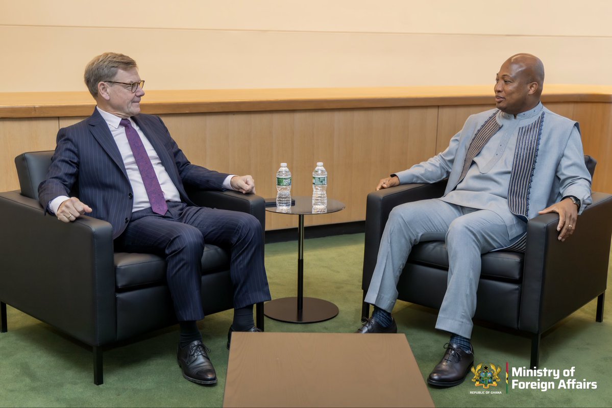 S_OkudzetoAblak's tweet photo. I held a really productive meeting with the Federal Minister for Foreign Affairs of Germany, H.E. Dr. Johann Wadephul in the margins of the 81st United Nations General Assembly in New York. 

Our discussions focused on deepening Ghana–Germany relations and advancing cooperation in areas of mutual interest.

At the heart of our engagement was railway infrastructure and engineering as Ghana seeks strategic partners to revamp our rail transport. 

We also discussed economic cooperation including opportunities for German companies to expand their operations in Ghana. 

We exchanged views on migration and labour mobility, including a follow up of ongoing negotiations on developing structured labour exchange programmes to create legal pathways for skilled Ghanaian workers to access opportunities in Germany. 

On irregular migration and the need to address its underlying drivers we agreed that through skills development, education and employment opportunities we can resolve the causal factors. 

I commended the German Government for its positive engagement on Ghana’s reparatory justice agenda, particularly cooperation on the return and restitution of cultural properties and heritage. 

I thank Foreign Minister Johann Wadephul for the invitation to pay a working visit to Germany to conclude an implementation strategy for the important matters we discussed. 

 For God and Country 🇬🇭 🙏🏾