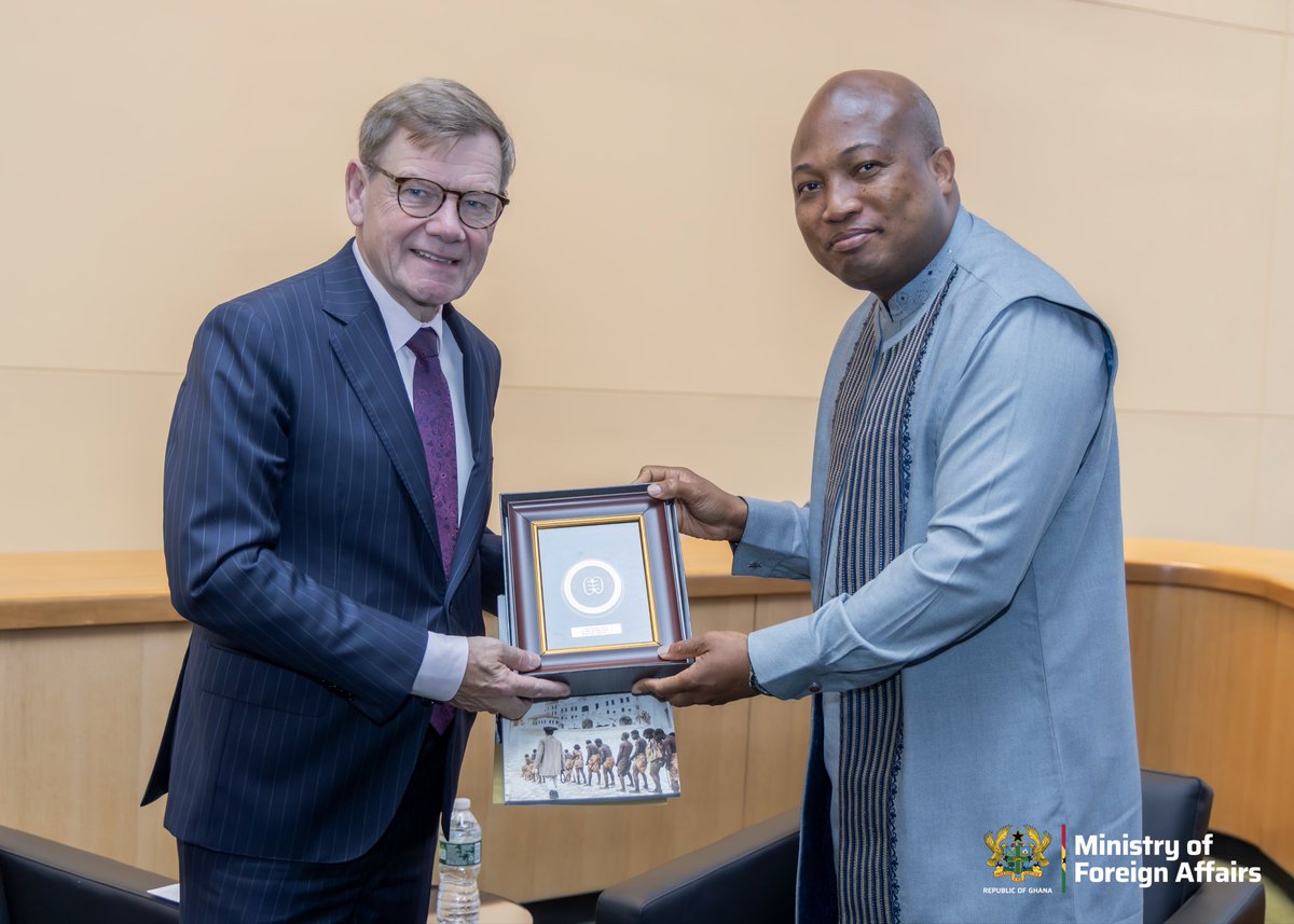 S_OkudzetoAblak's tweet photo. I held a really productive meeting with the Federal Minister for Foreign Affairs of Germany, H.E. Dr. Johann Wadephul in the margins of the 81st United Nations General Assembly in New York. 

Our discussions focused on deepening Ghana–Germany relations and advancing cooperation in areas of mutual interest.

At the heart of our engagement was railway infrastructure and engineering as Ghana seeks strategic partners to revamp our rail transport. 

We also discussed economic cooperation including opportunities for German companies to expand their operations in Ghana. 

We exchanged views on migration and labour mobility, including a follow up of ongoing negotiations on developing structured labour exchange programmes to create legal pathways for skilled Ghanaian workers to access opportunities in Germany. 

On irregular migration and the need to address its underlying drivers we agreed that through skills development, education and employment opportunities we can resolve the causal factors. 

I commended the German Government for its positive engagement on Ghana’s reparatory justice agenda, particularly cooperation on the return and restitution of cultural properties and heritage. 

I thank Foreign Minister Johann Wadephul for the invitation to pay a working visit to Germany to conclude an implementation strategy for the important matters we discussed. 

 For God and Country 🇬🇭 🙏🏾