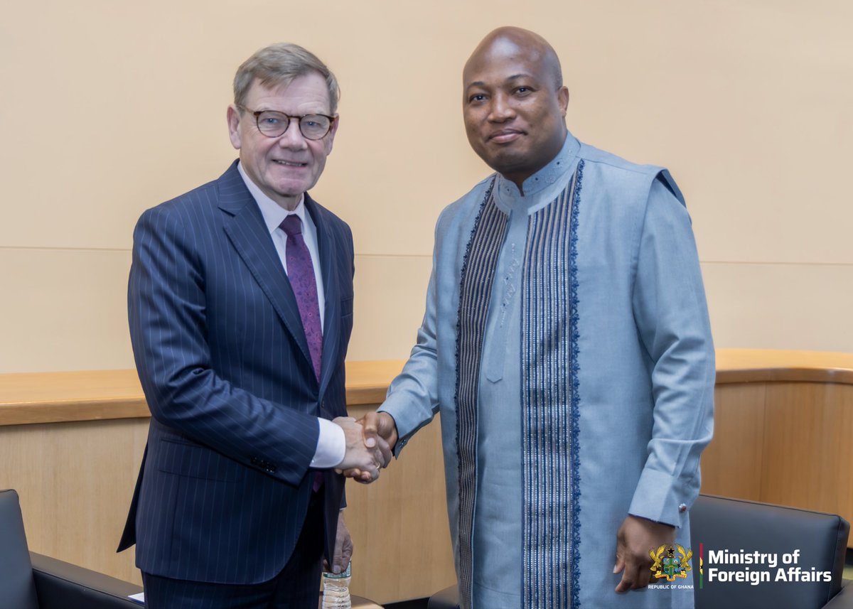 S_OkudzetoAblak's tweet photo. I held a really productive meeting with the Federal Minister for Foreign Affairs of Germany, H.E. Dr. Johann Wadephul in the margins of the 81st United Nations General Assembly in New York. 

Our discussions focused on deepening Ghana–Germany relations and advancing cooperation in areas of mutual interest.

At the heart of our engagement was railway infrastructure and engineering as Ghana seeks strategic partners to revamp our rail transport. 

We also discussed economic cooperation including opportunities for German companies to expand their operations in Ghana. 

We exchanged views on migration and labour mobility, including a follow up of ongoing negotiations on developing structured labour exchange programmes to create legal pathways for skilled Ghanaian workers to access opportunities in Germany. 

On irregular migration and the need to address its underlying drivers we agreed that through skills development, education and employment opportunities we can resolve the causal factors. 

I commended the German Government for its positive engagement on Ghana’s reparatory justice agenda, particularly cooperation on the return and restitution of cultural properties and heritage. 

I thank Foreign Minister Johann Wadephul for the invitation to pay a working visit to Germany to conclude an implementation strategy for the important matters we discussed. 

 For God and Country 🇬🇭 🙏🏾