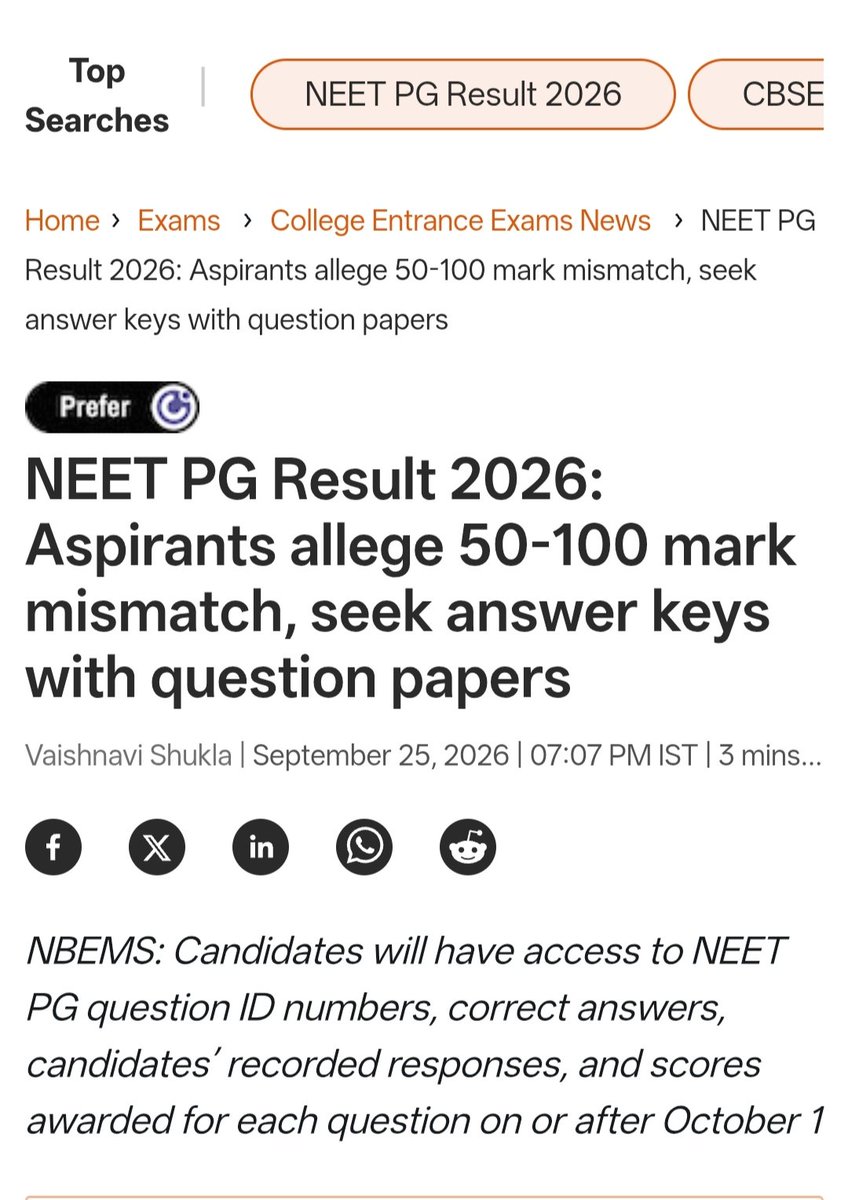 DrSaranshverma's tweet photo. NEET-PG 2026 results are out.

𝗖𝗼𝗱𝗲𝘀 𝗮𝗿𝗲 𝗻𝗼𝘁 𝗮𝗰𝗰𝗼𝘂𝗻𝘁𝗮𝗯𝗶𝗹𝗶𝘁𝘆!! @NBEMS_Official

Marks and ranks for many aspirants do not match what they expected.

If NEET-PG is transparent and accurate, release the individual question paper, official answer key, and individual response sheet—not just Question IDs after the result.

Doctors deserve the right to verify their own paper.

𝗧𝗿𝗮𝗻𝘀𝗽𝗮𝗿𝗲𝗻𝗰𝘆 𝗶𝘀 𝗻𝗼𝘁 𝗮 𝗳𝗮𝘃𝗼𝘂𝗿. 𝗜𝘁 𝗶𝘀 𝘁𝗵𝗲 𝗺𝗶𝗻𝗶𝗺𝘂𝗺 𝘀𝘁𝗮𝗻𝗱𝗮𝗿𝗱.

#NEETPG2026 #NEETPG #NBEMS #MedTwitter