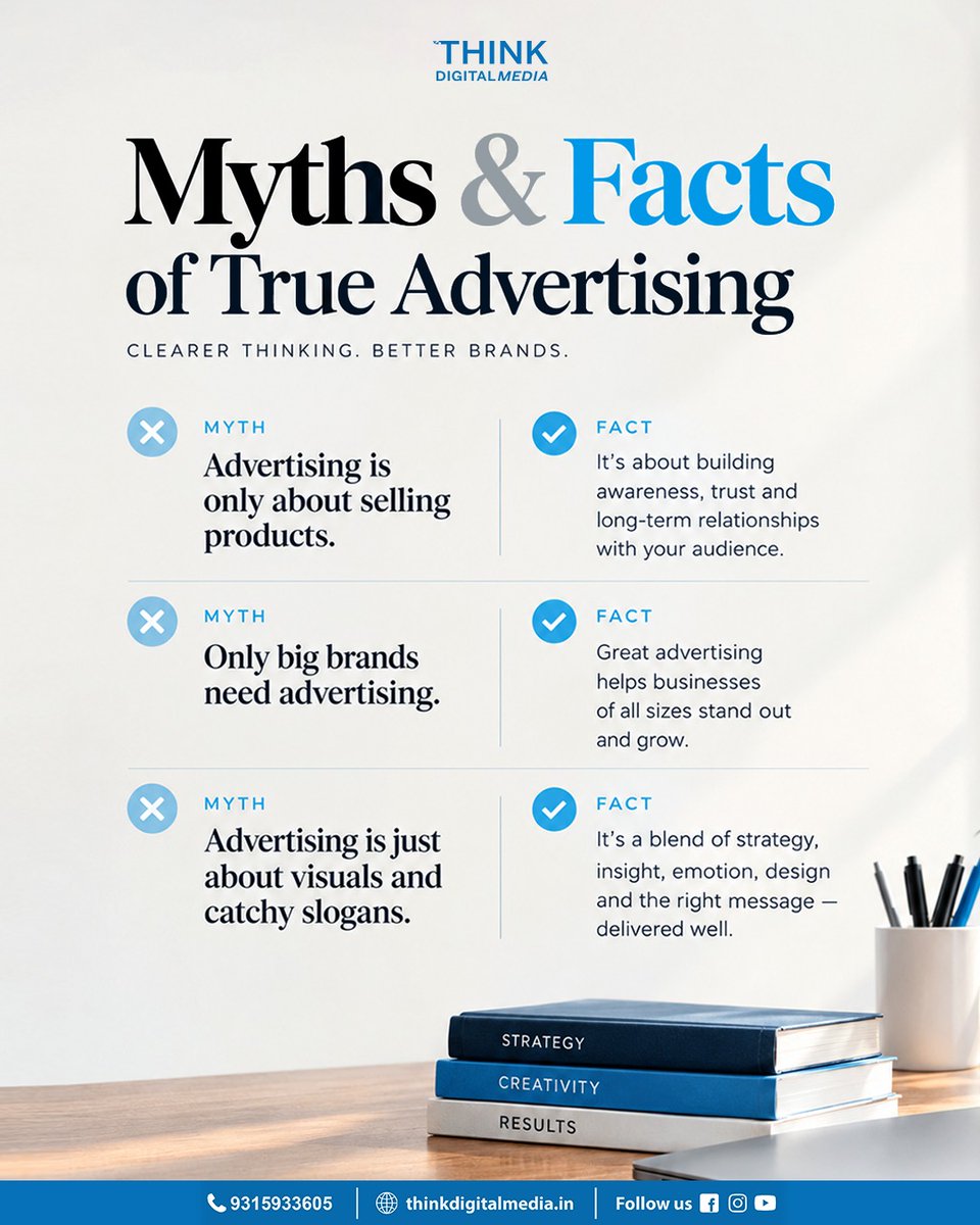 thinkdigitalmed's tweet photo. Myths vs. Facts: Let’s Talk Advertising!

Strategy + Creativity + Results = Stronger Brands

#DigitalMarketing #AdvertisingStrategy #BusinessGrowth #CreativeMarketing https://t.co/LXTjEwIaf4