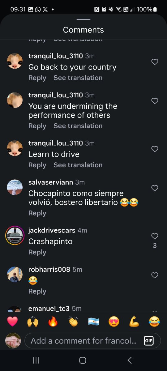 Katex01x's tweet photo. Franco is already receiving hate comments are guys gonna release a statement? @AlpineF1Team @fia https://t.co/cfHVNv7oKk