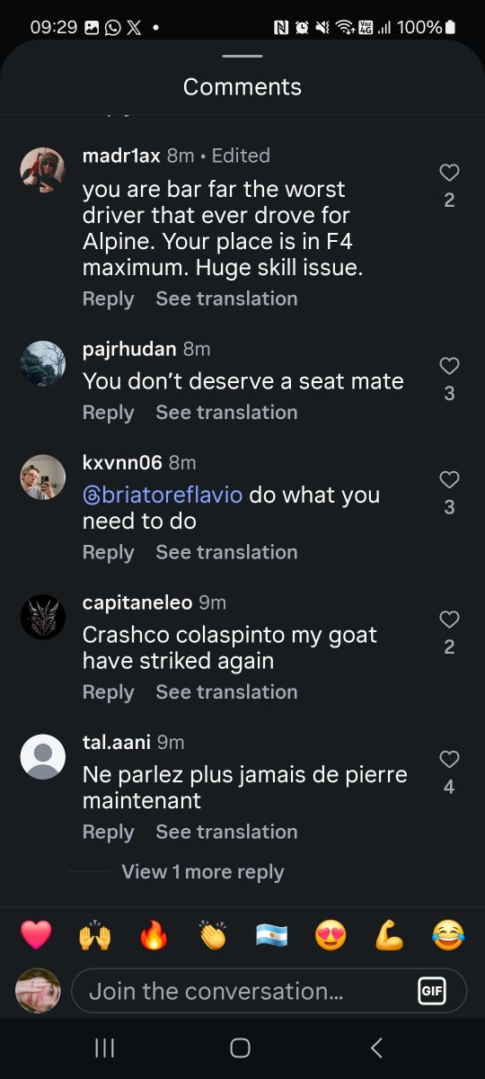 Katex01x's tweet photo. Franco is already receiving hate comments are guys gonna release a statement? @AlpineF1Team @fia https://t.co/cfHVNv7oKk