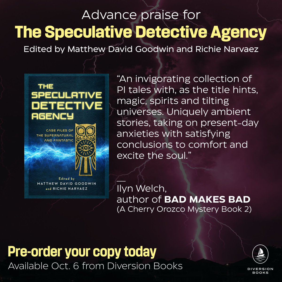 VictorDeAnda's tweet photo. THE SDA ARRIVES OCT. 6! Big thanks to Ilyn Welch for her review of this antho that I'm proud to be a part of. Big thanks to Matthew David Goodwin @richie_narvaez and @DiversionBooks for pubbing. #supernatural #fantastic #speculative #detective https://t.co/rcYddxQXUE