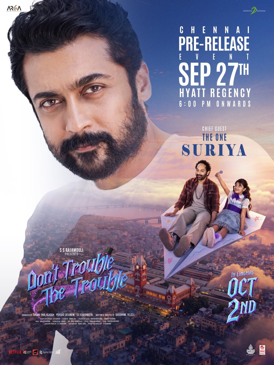 UVCommunication's tweet photo. THE ONE… ✊🏻
An evening set for MAGICAL MADNESS 💥

Everyone’s favourite @Suriya_offl is all set to make his mark at the #DontTroubleTheTrouble Pre Release Event TOMORROW in Chennai ❤️‍🔥 

📍Hyatt Regency 
6 PM Onwards 

#DTTTMovie #DTTTOnOct2nd 
#FahadhFaasil #Suriya
#SsaraPalekar @ShashankYeleti @ssk1122 @Shobu_ @kaalabhairava7 #PrasadDevineni @ArkaMediaWorks @SBbySSK @LahariMusic @proyuvraaj