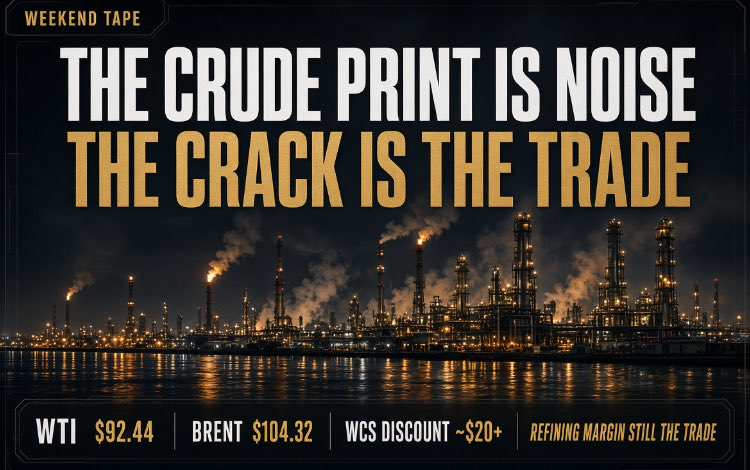 SmariesUpdates's tweet photo. Weekend tape check.
Crude faded again. WTI ~$92 / Brent ~$104. The print looks “softer.” The market underneath it is not.
Hormuz talks keep flickering and dying. OPEC+ held October flat. Midwest heavy-crude demand just took another hit from Joliet/Whiting outages. WCS is still sitting ~$20+ off WTI.
That is the trade: product tightness + heavy discounts + policy noise.
Refiners don’t need $110 WTI. They need the crack. Diesel has been carrying this complex for months. Gasoline is holding better than the crude tape implies. Inventory rebuild is slow because utilization is already stretched.
VLO, MPC, PSX are still pricing a mid-cycle that looks nothing like 2019. If the Strait stays constrained and U.S. product exports stay politically sensitive into midterms, the crack can stay elevated even while the crude headline chops.
Crude is the headline. The crack is the P&L.
Where do you think the 3-2-1 settles by Thanksgiving — still $50+, or does demand destruction finally show up at the pump?