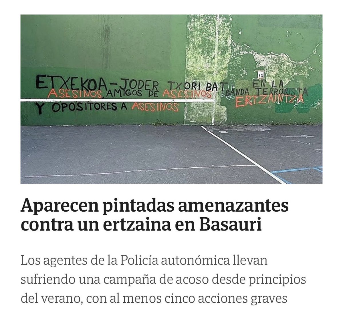 DomaicaAinhoa's tweet photo. En el @PPVasco no cambiamos de opinión ni rebajamos la gravedad de la campaña de odio que sufre la Ertzaintza.

Seguimos condenando con la misma firmeza estos hechos y hoy mismo las pintadas amenazantes contra un ertzaina en Basauri. Le trasladamos todo nuestro apoyo y cercanía. https://t.co/n4uphuLaCp