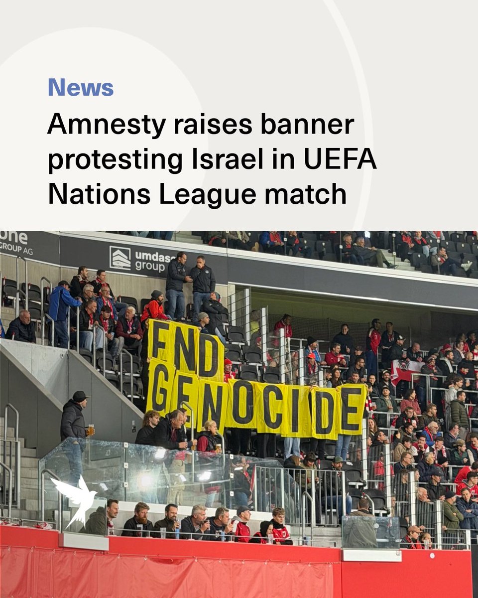 The_NewArab's tweet photo. Amnesty International raised a banner during the  2026/27 men’s UEFA Nations League match on 25 Sep in which Austria defeated Israel 3–1, calling for an end to the genocide in the Gaza Strip.

“Our protest is directed against many governments and sporting authorities that know exactly what is happening in the Gaza Strip and still do nothing to stand against genocide,” said Alexander Weihrauch, Campaigner at Amnesty International Austria.

“Silence in the face of Israel’s long-standing serious violations of Palestinians’ rights and of its utter disregard of its international legal obligations further entrenches Israel’s impunity and the continued suffering of Palestinians. This must end, Israel must be held accountable for its violations of international law.”