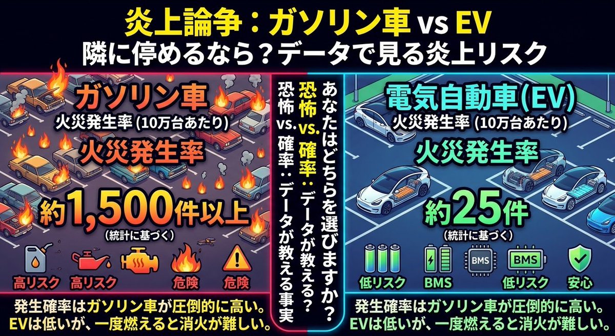 shun___tesla's tweet photo. EVのが燃えるってのが全く判らないんだけど
​実際の統計データ（米NTSB等）では真逆です。
​【10万台あたりの火災件数】
・ガソリン車：約1,500件
・EV：約25件
​確率上はガソリン車の方が圧倒的に高い
EVは注目度が高くニュースになりやすいが、根拠ないしデータ上真逆ですね
#テスラ
#火災
#EV https://t.co/lMw308v7rr