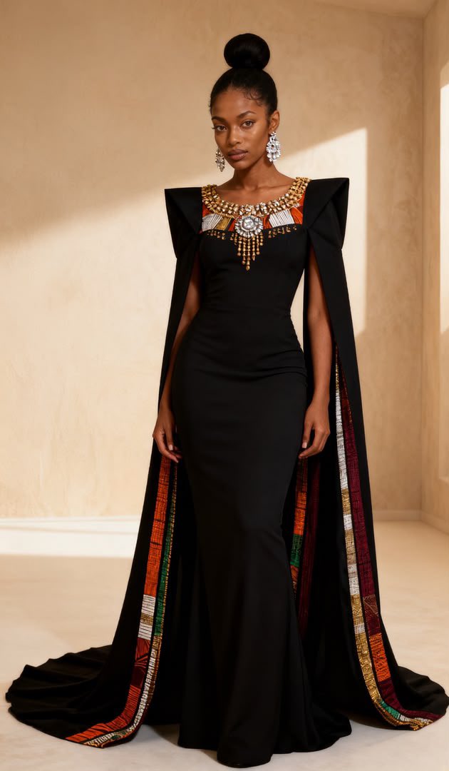 AmaraNoxVisuals's tweet photo. The black dress is the silence. The lining is the sentence.
Column gown. Structured shoulders. Gold collar. Cape opens and the cloth underneath speaks in gold, green, rust.
She is not hiding the print. She is timing it.
AI fashion. African couture. Editorial. SS27. https://t.co/I7VJvfD0RX