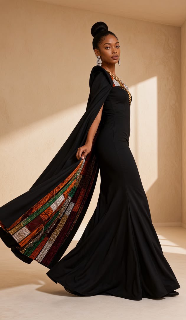 AmaraNoxVisuals's tweet photo. The black dress is the silence. The lining is the sentence.
Column gown. Structured shoulders. Gold collar. Cape opens and the cloth underneath speaks in gold, green, rust.
She is not hiding the print. She is timing it.
AI fashion. African couture. Editorial. SS27. https://t.co/I7VJvfD0RX