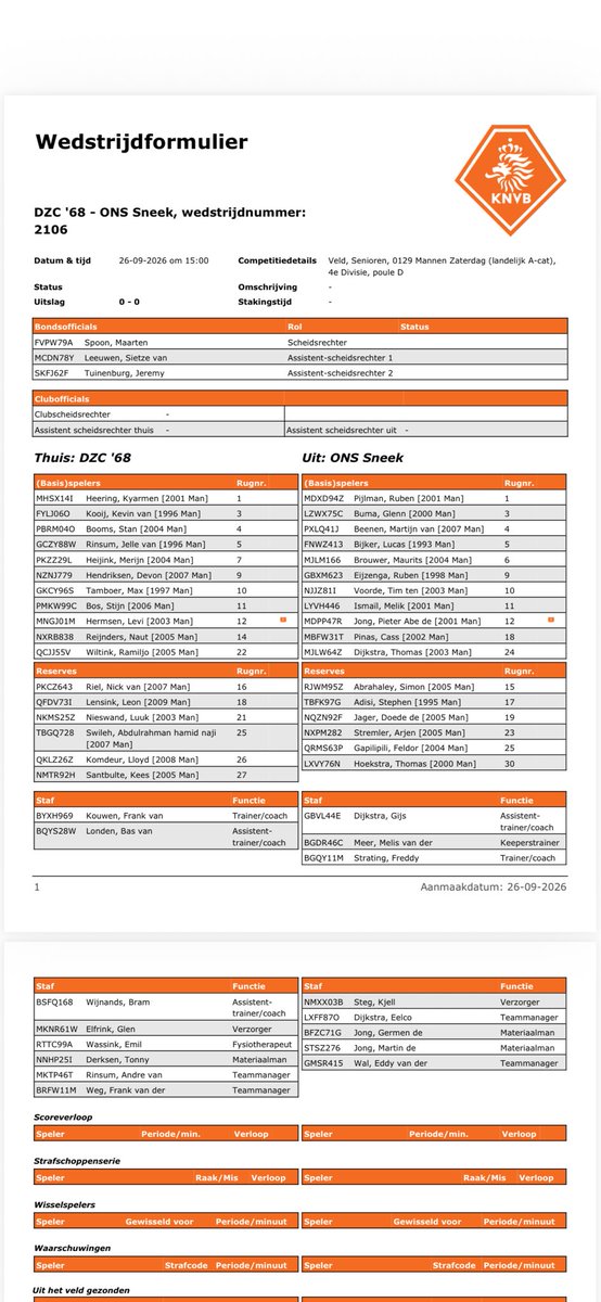 dzc68's tweet photo. Om 15:00 start DZC β68 de wedstrijd tegen @ONSSneek De opstelling van beide elftallen staat hieronder.
#dzcons https://t.co/tfUuFNljHh