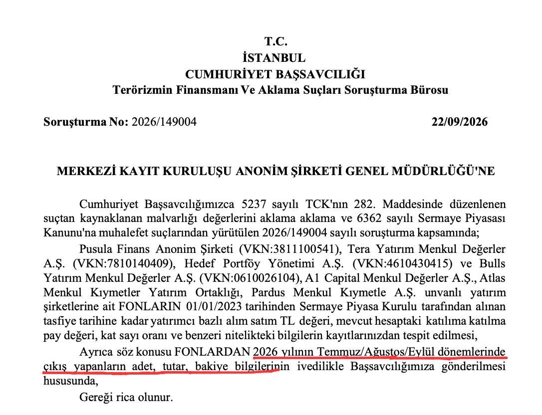 fonunmagdurlari's tweet photo. 🚨 KAMUOYU BASKIMIZ VE ŞİKAYETLERİMİZ RESMİ SONUÇ VERDİ: İŞTE SAVCILIĞIN MKK'YA YAZDIĞI BELGE

Günlerdir ısrarla "16 Eylül öncesi içeriden kaçanları, 60 milyarlık çıkışı ve fonun içini boşaltanları inceleyin" dedik, dinlemediler. Baskıyı artırdık, resmi adım geldi!

İstanbul Cumhuriyet Başsavcılığı (Terörizmin Finansmanı ve Aklama Suçları Bürosu), MKK'ya resmi yazı yazarak:

📌 7 fon şirketinin kuruluşundan bugüne tüm kayıtlarını, 📌 Özellikle 2026 Temmuz, Ağustos ve Eylül aylarında fonlardan çıkış yapanların adet, tutar ve bakiye bilgilerini acil olarak istedi!

Soruşturma doğrudan TCK 282 (Kara Para Aklama) ve Sermaye Piyasası Kanunu kapsamında yürütülüyor!

Fonu patlatmadan hemen önce içeriden tüyo alıp milyarları cebe indirenler tek tek dökülecek! O paralar tespit edilip mağdur yatırımcıların hesaplarına iade edilecek!

Biz sesimizi çıkarmasaydık bu dosya açılmayacaktı. Birlikte güçlüyüz, son kuruşumuza kadar takipçisiyiz!

Biz kendi hakkımızı savunmazsak kimse bizim yerimize savunmaz!

📌CİMER, KDK, SPK, Bankalar, TBB, BDDK, e-Dilekçe ve tüm milletvekillerine tek tıkla şikayet gönderebileceğiniz güncel hazır metinler için platformumuzdaki şikayet sihirbazını kullanın:  https://t.co/uynIzCiE0L

#tly #thf #tmv #tp2 #pnu #fsu #doh #dfi #TeraMağduriyetiSonBulsun #fonmağdurları #FonMagdurlari #TefasMagdurlari #SPK #MehmetSimsek #TBMM #CIMER #KDK #DDK #FonMağdurları #TEFAS #Takasbank #Fibabanka #akbank #garanti

@55erhanusta
@cevdetakaychp
@spkgovtr
@Takasbank
@memetsimsek
@RTErdogan