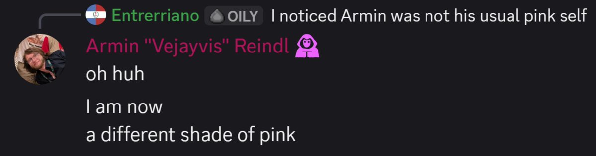 europasaurus445's tweet photo. Discord user Armin realises he is now a different shade of pink after comment from Discord user Entrerriano

"I am now, a different shade of pink"

credit: @paleostreamvariety
#paleostreamooc https://t.co/N8MqrIGFq8
