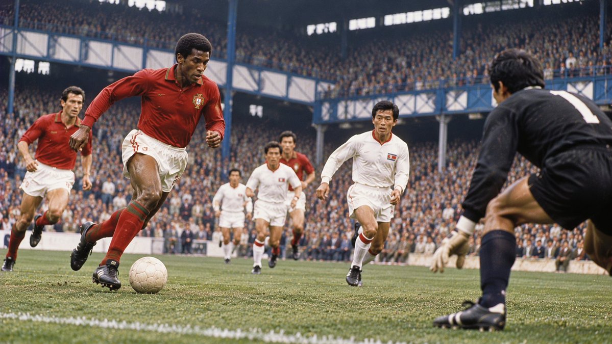 SoccerAmplified's tweet photo. DID YOU KNOW EUSÉBIO SCORED FOUR GOALS AFTER PORTUGAL FELL 3–0 BEHIND AGAINST NORTH KOREA AT THE 1966 WORLD CUP?

Portugal met Korea DPR in the 1966 quarter-finals at Goodison Park.

Korea DPR scored three times in the first 25 minutes.

Pak Seung-zin opened the scoring in the first minute.

Li Dong-woon made it 2–0 in the 22nd minute.

Yang Seung-kook made it 3–0 in the 25th minute.

Eusébio replied in the 27th minute, then scored a penalty in the 43rd minute.

He completed his hat-trick in the 56th minute and converted another penalty in the 59th minute.

José Augusto added a fifth goal in the 80th minute.

Portugal won 5–3.

Eusébio scored four times in that match and nine in the tournament, winning the Golden Boot.

Portugal finished third.

#WorldCup #Eusebio #Portugal #NorthKorea #FIFAWorldCup #FootballHistory #DidYouKnow
