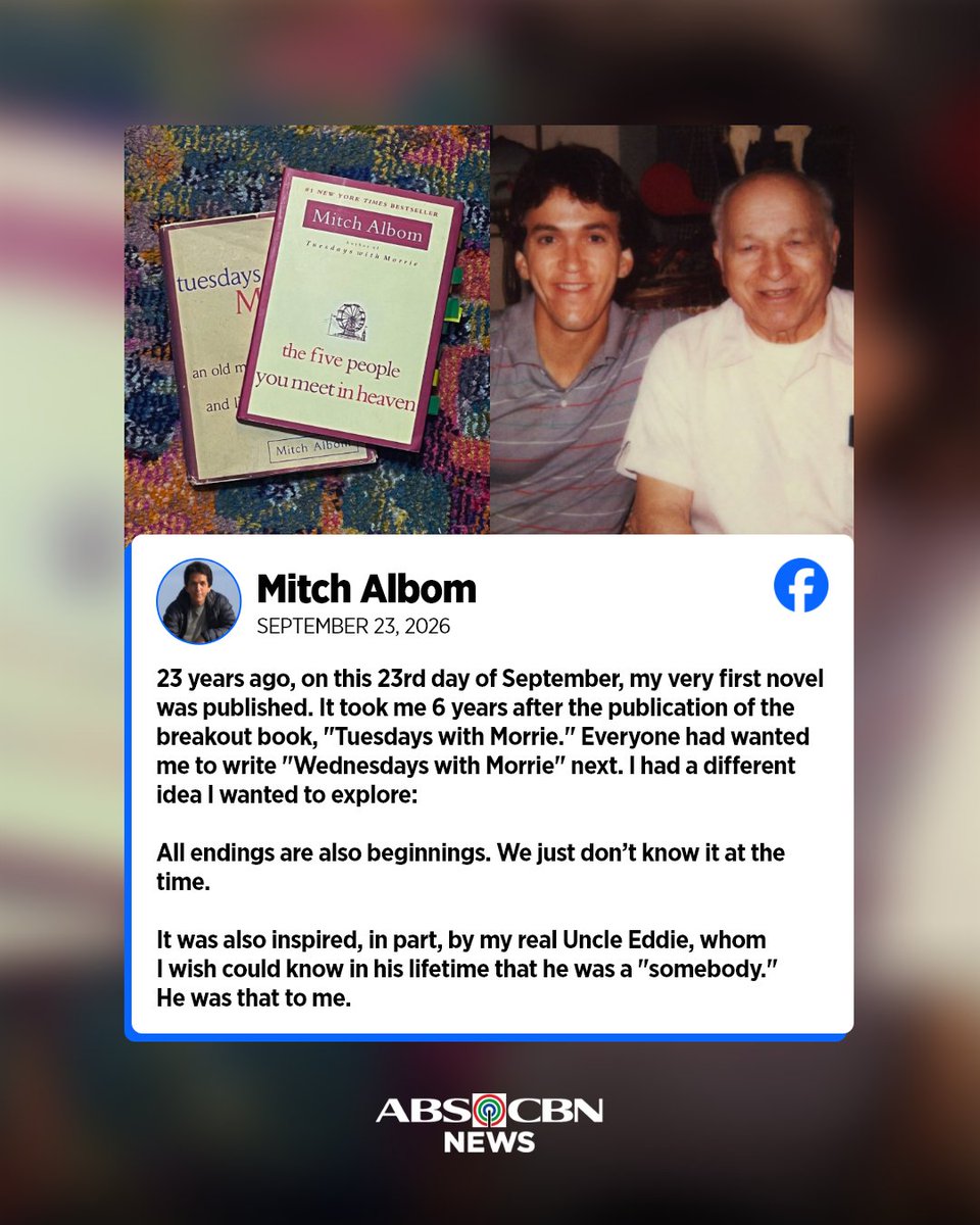 ABSCBNNews's tweet photo. Best-selling author Mitch Albom took to social media to mark 23 years since the publication of his first novel, "The Five People You Meet in Heaven."

He also shared pictures of the book as well as his uncle, Eddie, who was one of the inspirations for the novel. 

Read: https://t.co/9VW0JRrZfF…