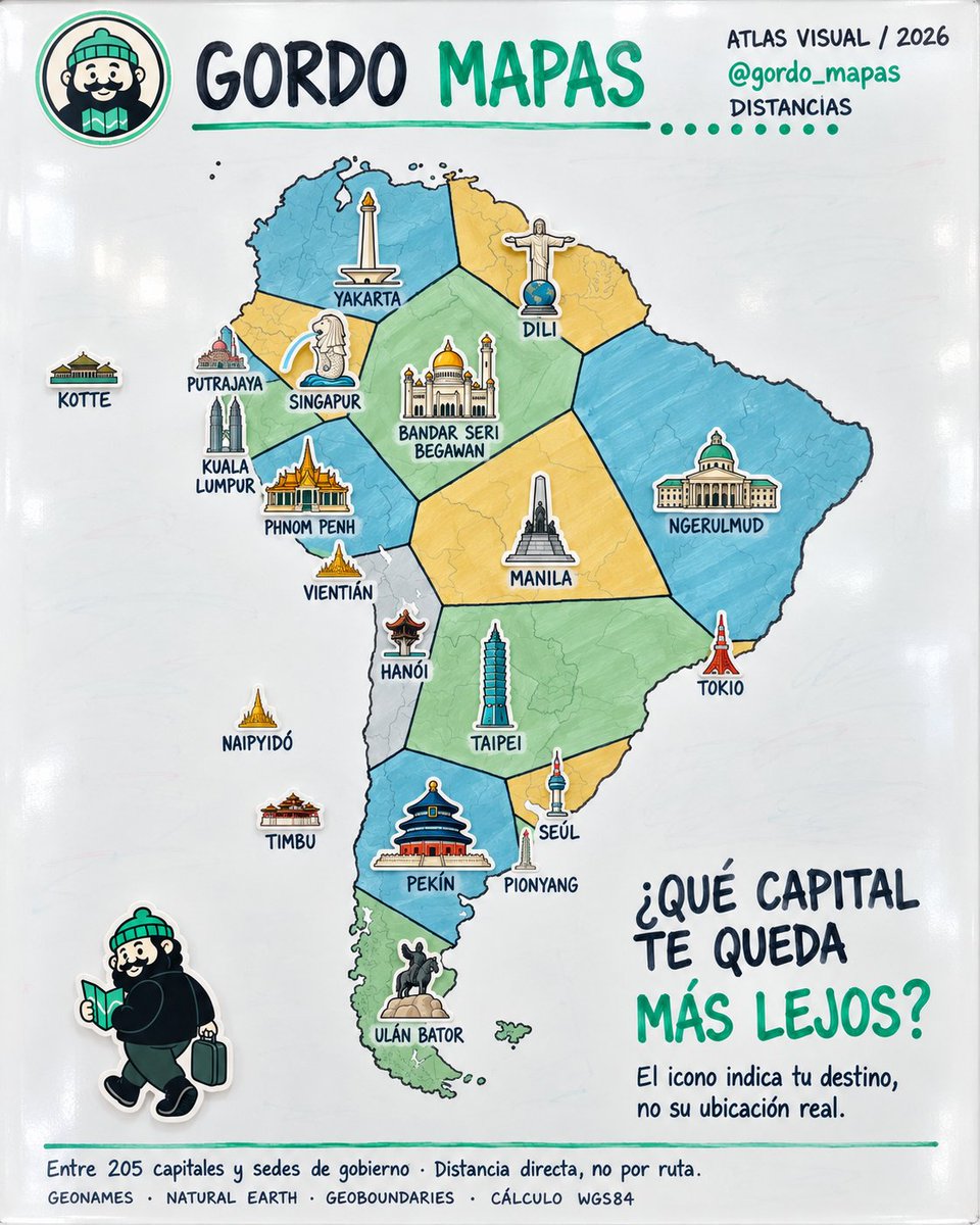 gordo_mapas's tweet photo. 🌏 ¿Qué capital te queda más lejos?

Buenos Aires y Montevideo: Seúl.
Santiago: Pekín.
Bogotá: Yakarta.

Para irte al carajo, pero con precisión geográfica.

Fuentes: GeoNames, Natural Earth + cálculo propio. https://t.co/KQj0iUCfDF
