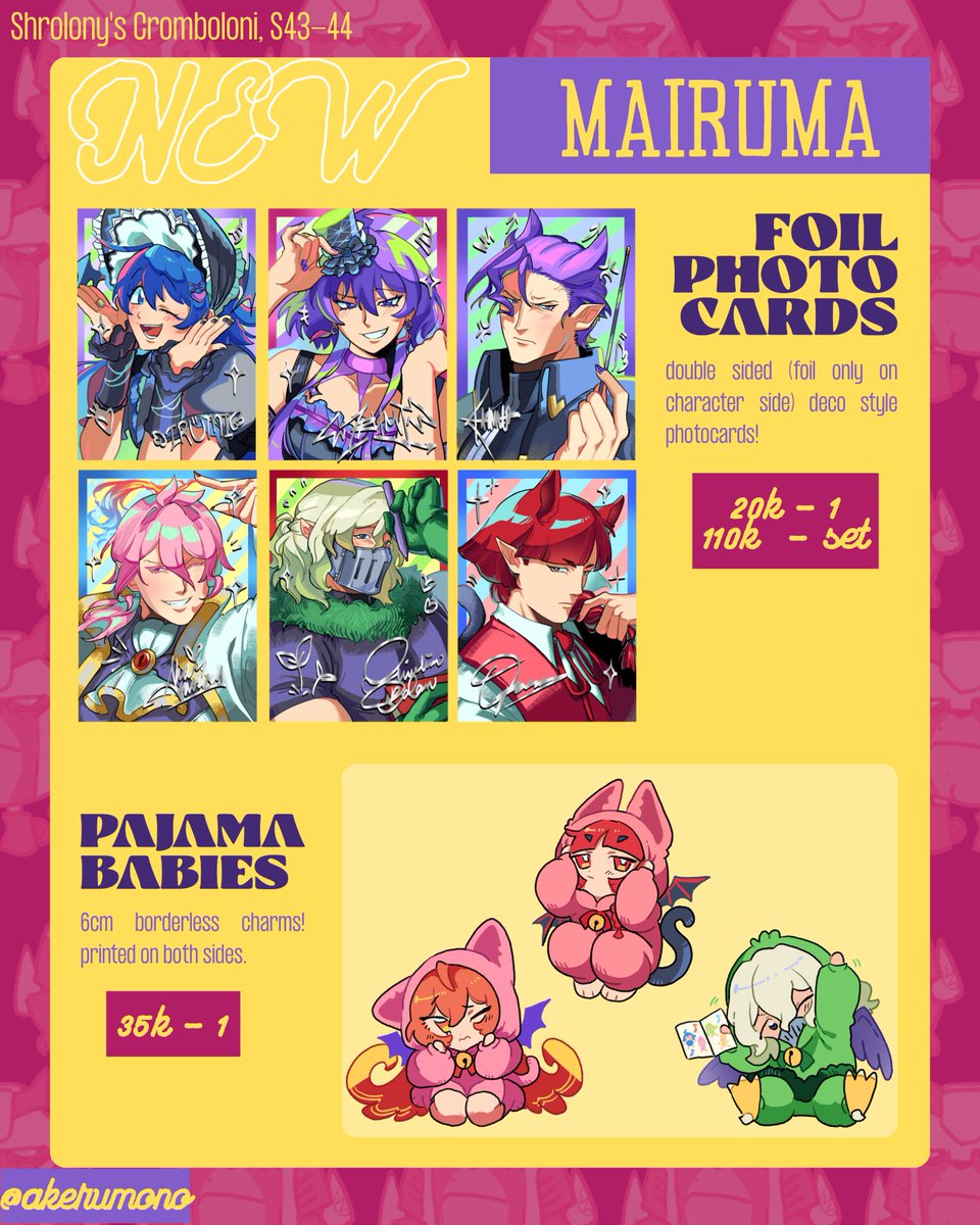 akerumono's tweet photo. (likes + retweets appreciated! ❤️‍🩹)

akeru's #CF23 PO batch is open! :D pick up and mail is ok!! debuting my artbook too... shiver me timbers...

♡ S-44b, Shrolony's Cromboloni
♡ Both days!
♡ Transformers, Mairuma, FoMistria, Pretty Rhythm
♡ Int. GO pls dm

#comifuro23 #yahoo https://t.co/IPGogf3DNZ
