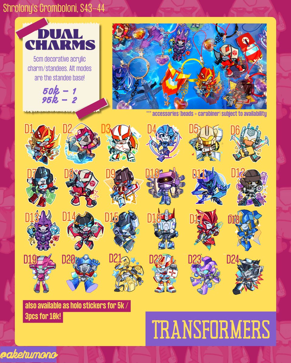 akerumono's tweet photo. (likes + retweets appreciated! ❤️‍🩹)

akeru's #CF23 PO batch is open! :D pick up and mail is ok!! debuting my artbook too... shiver me timbers...

♡ S-44b, Shrolony's Cromboloni
♡ Both days!
♡ Transformers, Mairuma, FoMistria, Pretty Rhythm
♡ Int. GO pls dm

#comifuro23 #yahoo https://t.co/IPGogf3DNZ