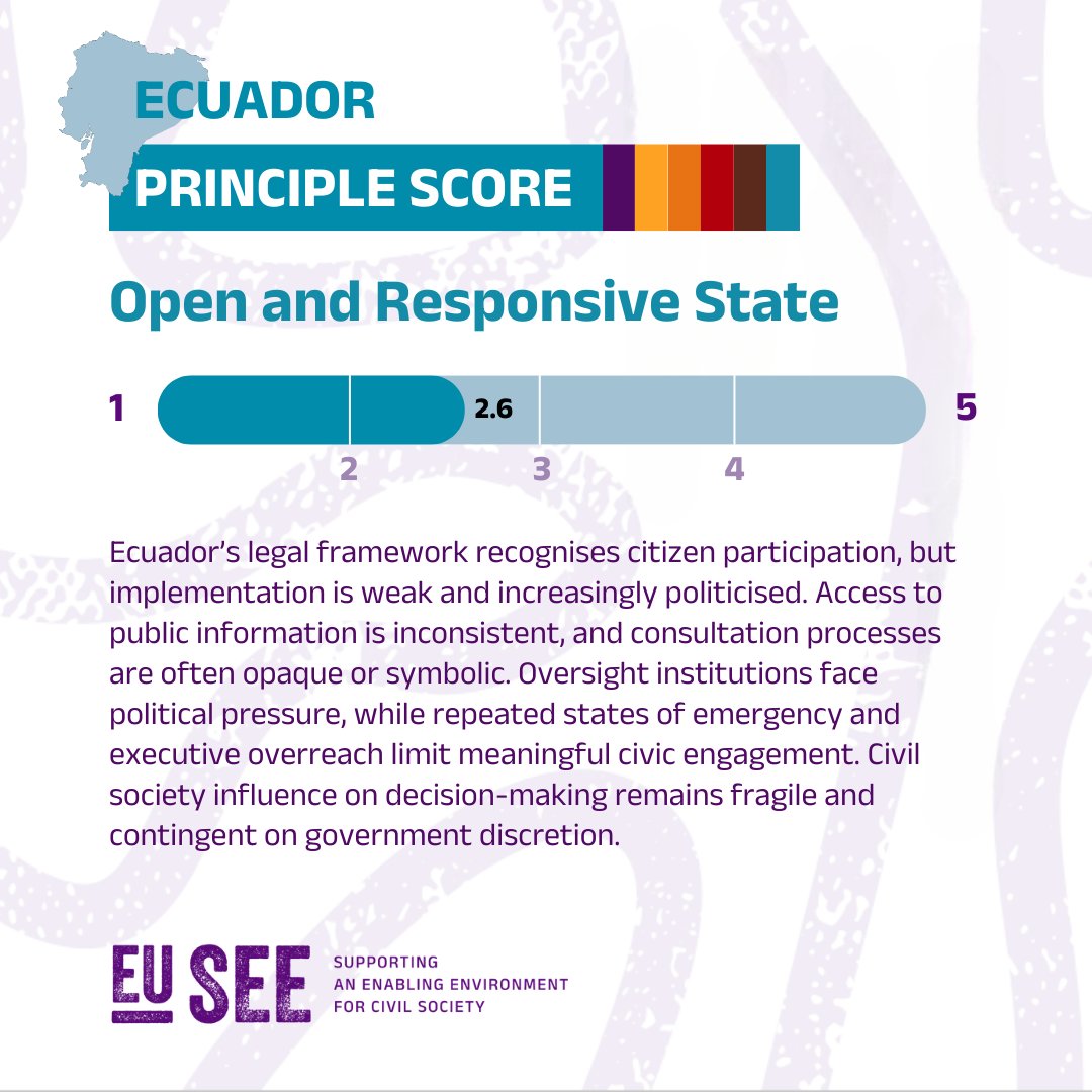 CIVICUSalliance's tweet photo. 🇪🇨 #Ecuador: when emergency powers become the norm, civic freedoms can quickly become the exception

Journalists, activists and civil society face growing pressure as security measures expand state powers.

Country focus report from #EUSEE:
https://t.co/5AT6HgltUd https://t.co/ILhL2bZO1A