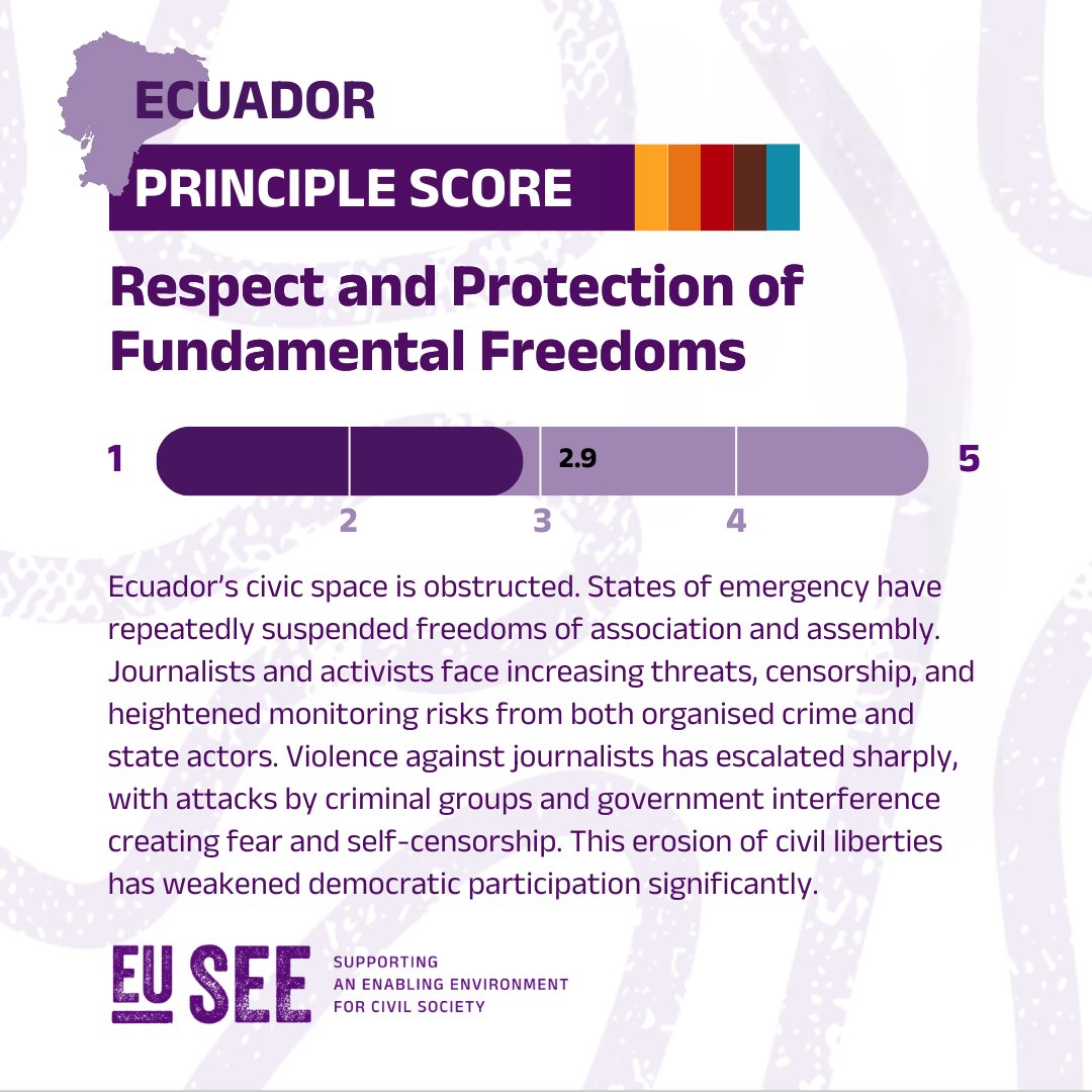 CIVICUSalliance's tweet photo. 🇪🇨 #Ecuador: when emergency powers become the norm, civic freedoms can quickly become the exception

Journalists, activists and civil society face growing pressure as security measures expand state powers.

Country focus report from #EUSEE:
https://t.co/5AT6HgltUd https://t.co/ILhL2bZO1A
