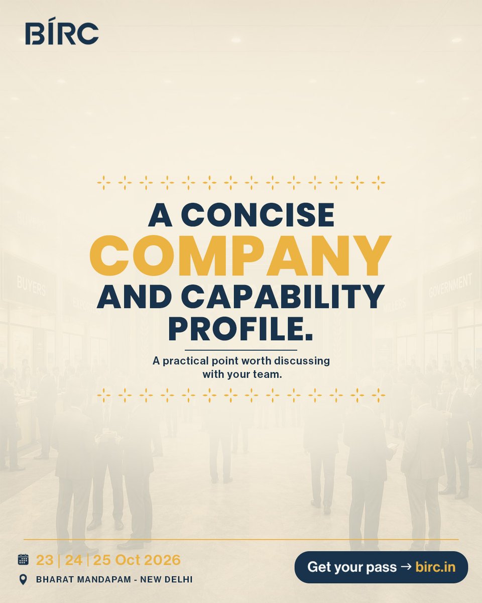 BIRC2026's tweet photo. What belongs in your BIRC meeting kit?

A concise capability profile
Samples, specs and certifications
Capacity, packaging, markets served, next steps

23, 24 &amp; 25 Oct 2026 | Bharat Mandapam, New Delhi
Get your pass: https://t.co/vJZyALknq4

#BIRC2026 #RiceExporters https://t.co/Xw8XZmc9eL