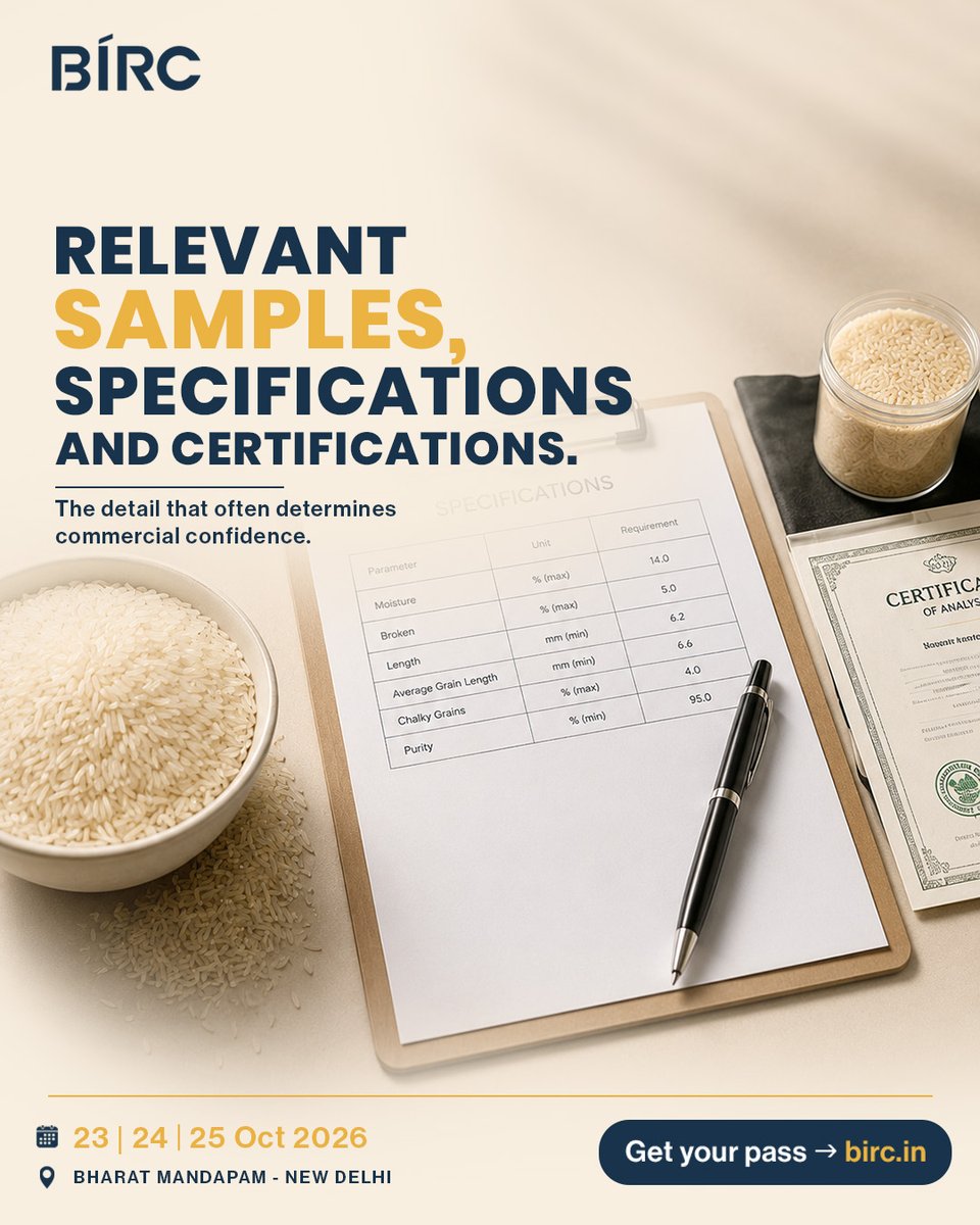BIRC2026's tweet photo. What belongs in your BIRC meeting kit?

A concise capability profile
Samples, specs and certifications
Capacity, packaging, markets served, next steps

23, 24 &amp; 25 Oct 2026 | Bharat Mandapam, New Delhi
Get your pass: https://t.co/vJZyALknq4

#BIRC2026 #RiceExporters https://t.co/Xw8XZmc9eL