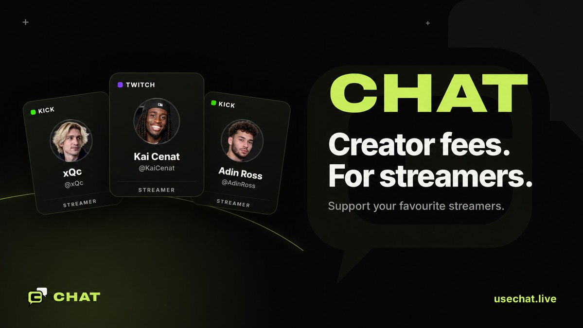 usechatlive's tweet photo. Creator fees. For streamers.

Launch a token on pump, point it at any kick or twitch streamer, and every trade turns into gifted subs, KICKs and bits for them

Also tip your favorite streamers direct on stream with SOL/USDC

https://t.co/tufQNeKD4J https://t.co/XTVJUhWWLt