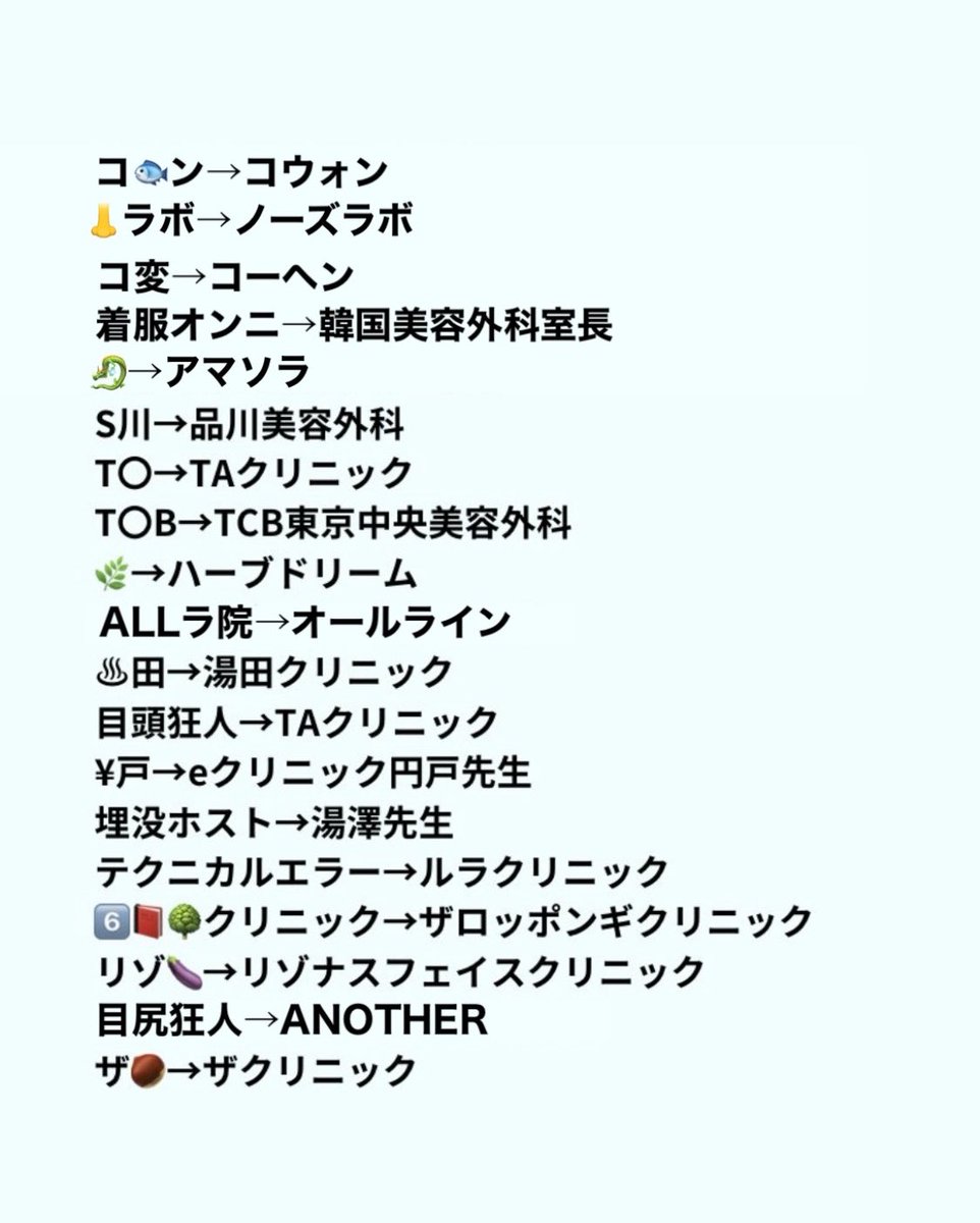 megasiras5's tweet photo. 【悲報】美容外科、闇の隠語集、見つかる

表には決して出てこない口コミもこの隠語で調べる事で真の口コミが垣間見れる。

もはやカムナムオンニやGoogleの口コミなんてクリニックがいくらでも操作できちゃうので見る価値がない⚠️ https://t.co/yAszIwUgGo