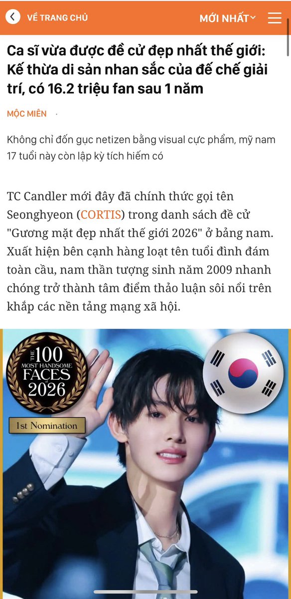 eomlandvnfp's tweet photo. 🔥 SEONGHYEON IS MAKING WAVES ACROSS VIETNAMESE MEDIA! 🇻🇳

SEONGHYEON (CORTIS) has been drawing significant attention in Vietnam, with his name continuously appearing across various media platforms in recent days. In addition to being named among the nominees for TC Candler’s “The 100 Most Handsome Faces of 2026,” SEONGHYEON has quickly become the focus of a series of features highlighting his visuals, talent, and artistic journey at just 17 years old.

Notably, SEONGHYEON’s story has quickly spread across three major information platforms in Vietnam: Kênh14, Thanh Niên Việt, and CafeF. From his international beauty nomination, these articles have gone on to explore the appeal of the young idol, from his distinctive facial features and captivating presence to his career journey and artistic achievements with CORTIS.

Beyond his visuals, SEONGHYEON’s image in these articles is also associated with an impressive artistic profile: joining BIGHIT MUSIC at the age of 13, participating in songwriting and music production, and contributing to the development of CORTIS’s distinctive identity. The combination of his appearance, stage presence, and creative abilities has made SEONGHYEON’s story noteworthy beyond simply being about a beauty nomination.

SEONGHYEON continues to spread across multiple platforms, reaching an increasingly wider Vietnamese audience. This also reflects how his image is gradually extending beyond the fan community and becoming that of a young artist receiving broader public attention.

On the occasion of the Mid-Autumn Festival, VTV3 shared childhood photos of SEONGHYEON in a post about the program “Xứ Sở Ánh Trăng” (“The Land of Moonlight”). The unexpected appearance of young SEONGHYEON on the platform of a major television channel quickly drew public attention, garnering 15K likes, 2.8K comments, and 1.8K shares according to the figures recorded on the post. ✨

From TC Candler to major information platforms and VTV3, SEONGHYEON’s story continues to expand in different directions. While the international nomination has placed his visuals in the spotlight, articles covering his artistic journey allow the public to see SEONGHYEON not only as a young artist with striking visuals, but also as an emerging artist gradually building an identity of his own.

┄┄┄┄┄┄┄┄┄┄
𝐄𝐨𝐦𝐥𝐚𝐧𝐝 – 𝐒𝐞𝐨𝐧𝐠𝐡𝐲𝐞𝐨𝐧 𝐂𝐨𝐫𝐭𝐢𝐬 성현 𝐕𝐍𝐅𝐏
#SEONGHYEON #성현 #엄성현 #CORTIS #코르티스