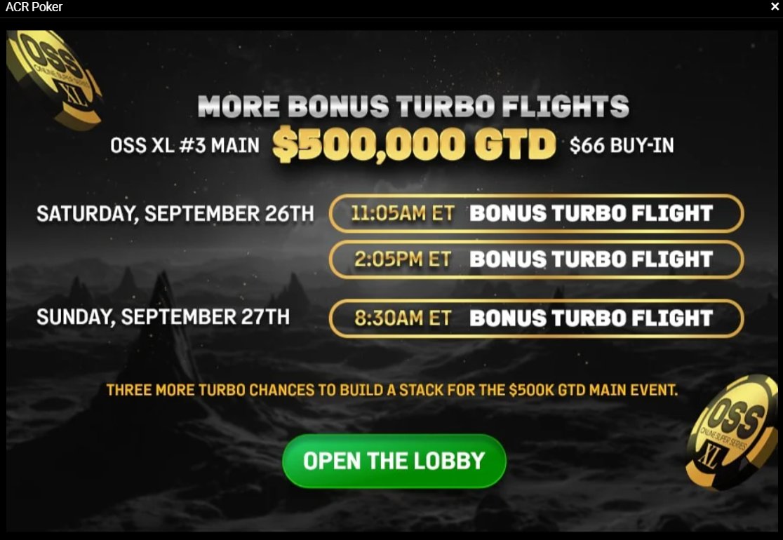 ACR_POKER's tweet photo. 🚨 ATTENTION POKER PLAYERS: HUGE OVERLAY ALERT! 🚨

Only 2 DAYS LEFT to claim your share of these massive prize pools on ACR Poker!

💰 $66 Buy-In — $500K GTD
🗓️ Day 2: Sunday

💰 $250 Buy-In — $2.5M Anniversary 🎉
🗓️ Day 2: Monday

🔥 Turbo Flights are running TODAY & SUNDAY. Then it’s over!
Small buy-ins. Massive upside. Life-changing scores are on the table.💥

And we’ve got SATELLITES running all weekend to get you into the action for even less. 👀

🎁 GIVEAWAY: 10 x $33 SATELLITE TICKETS 🎁
We’re giving away 10 tickets to the $2.5M Anniversary Event!

To enter:
✅ Follow
❤️ Like
💬 Comment what you love about ACR Poker
👥 Tag 2 friends who need to play this event
 👉Drop your ACR screen name

Weekends are for ACR Poker. Don’t miss it!
#acrpoker
