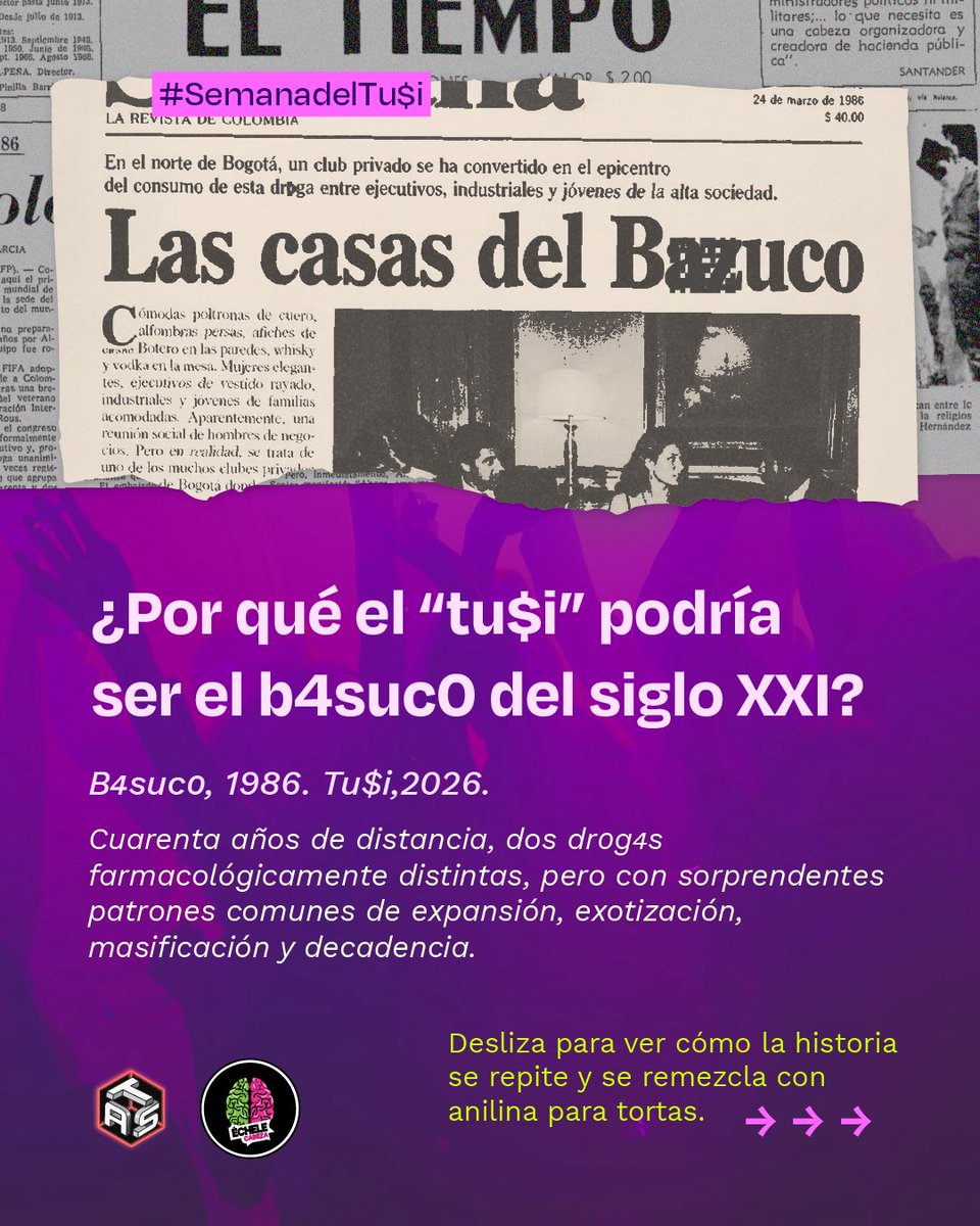 echelecabeza's tweet photo. #semanadeltusi 

Hablemos de esa fascinante costumbre nacional de cambiar de droga pero conservar exactamente los mismos delirios de grandeza 💅🧠.

Artículo completo aquí. https://t.co/x3MDkHWW7F

A nivel sociológico, Colombia tiene una capacidad infinita para la reinvención estética del daño: en los 80 convencieron a medio país de que fumar b4suc0 era un asunto de ejecutivos sofisticados; cuatro décadas después, lograron que una generación entera pague precio de molécula suiza por un picadillo de anestésico para caballos, pepas vencidas y saborizante de tutti-frutti. El empaque cambia, la banda sonora muta de salsa pesada a guaracha estridente, pero el libreto es idéntico.

@MarcelaBrunV @CathyJuvinao @Rodrigo_Lara_