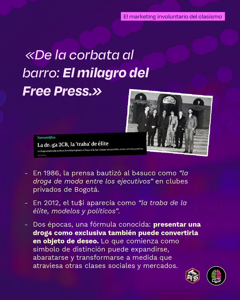echelecabeza's tweet photo. #semanadeltusi 

Hablemos de esa fascinante costumbre nacional de cambiar de droga pero conservar exactamente los mismos delirios de grandeza 💅🧠.

Artículo completo aquí. https://t.co/x3MDkHWW7F

A nivel sociológico, Colombia tiene una capacidad infinita para la reinvención estética del daño: en los 80 convencieron a medio país de que fumar b4suc0 era un asunto de ejecutivos sofisticados; cuatro décadas después, lograron que una generación entera pague precio de molécula suiza por un picadillo de anestésico para caballos, pepas vencidas y saborizante de tutti-frutti. El empaque cambia, la banda sonora muta de salsa pesada a guaracha estridente, pero el libreto es idéntico.

@MarcelaBrunV @CathyJuvinao @Rodrigo_Lara_