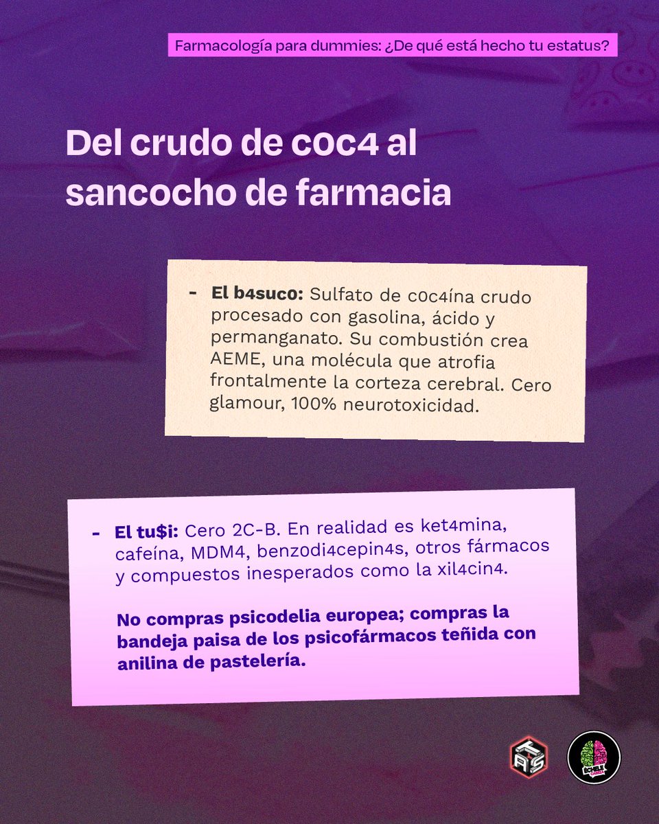 echelecabeza's tweet photo. El gran truco del microtráfico no fue inventar una sustancia nueva; fue maquillar la incertidumbre farmacéutica con diseño aspiracional. Cuando una persona inhala tu$i, no está consumiendo un enteógeno de laboratorio: está jugando a la ruleta rusa con un cóctel de descarte donde el ingrediente principal suele ser el capricho del jíbaro de turno.

La hipocresía social opera en su punto máximo: nos da pánico el fantasma de las “ollas” del pasado, pero normalizamos destrozarnos el tabique y el tracto urinario en un baño iluminado con luces LED mientras suene un beat repetitivo. 

El clasismo nubla el juicio sanitario; las consecuencias orgánicas, en cambio, son completamente democráticas.

Dejar atrás el moralismo no significa aplaudir el abismo: significa entender qué entra a nuestro cuerpo antes de que el cuerpo pase la factura. La reducción de daños existe para desarmar mitos con ciencia, reactivos y realidad, no con regaños de iglesia.

El espejo entre el b4suc0 y el tu$i es mucho más incómodo y nítido de lo que parece. ¿Listos para la autopsia sociológica de la rumba? 🔬🪞

🔗 Artículo completo disponible en el enlace de la bio. Léelo antes de tu próxima noche de fiesta.

#ReduccionDeDaños #SociologiaDeLasDrogas #AnalisisDeSustancias Tusi Basuco CulturaNocturna EcheleCabeza PoliticaDeDroga
@EspinosaRadio