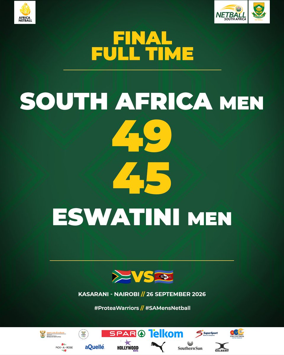 Netball_SA's tweet photo. 𝗞𝗜𝗡𝗚𝗦 𝗢𝗙 𝗔𝗙𝗥𝗜𝗖𝗔. 𝗔𝗚𝗔𝗜𝗡. 👑

The Protea Warriors defeat Eswatini to claim a fourth consecutive Africa Netball Cup title! 🇿🇦🔥

A huge thank you to Eswatini for a brilliant, closely fought final. 👏

#ProteaWarriors #SAMensNetball #AfricaNetballCup2026 https://t.co/YWtbqZpnQt